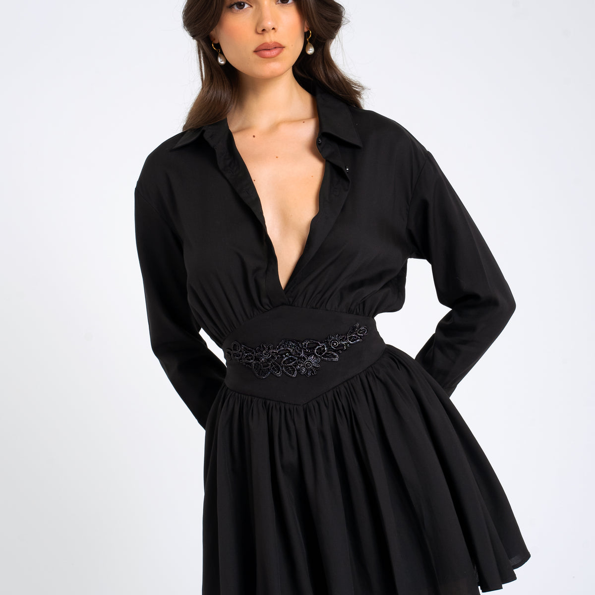 Miss Circle Jamila Black Shirt Mini Dress with Embroidered Waist Detail XXS