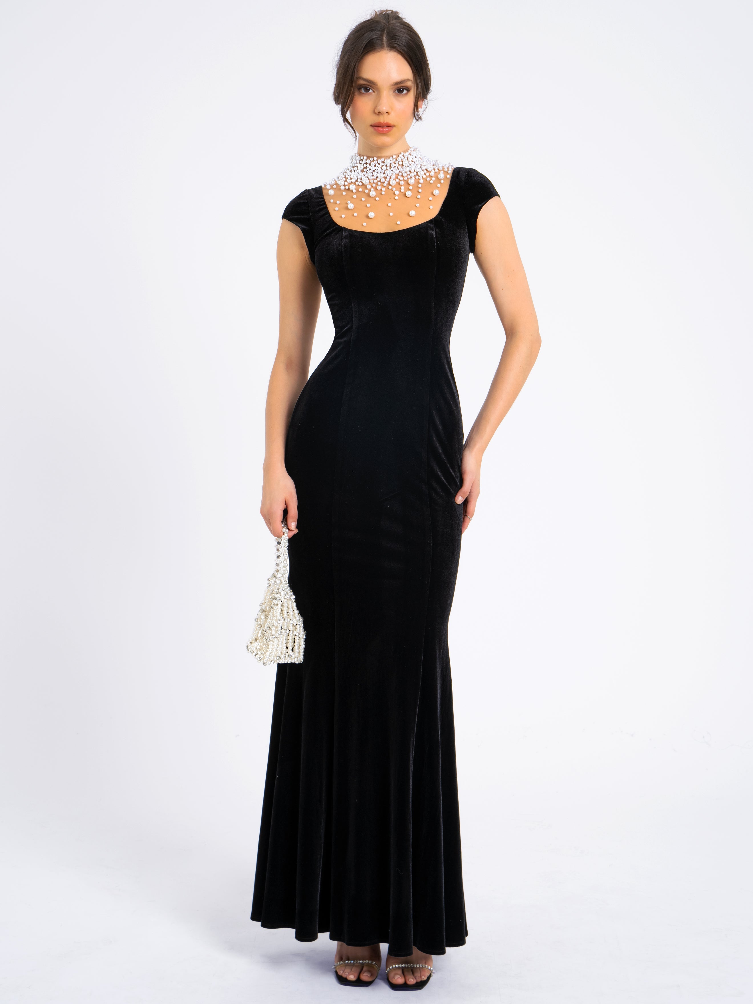 Rachael Black Velvet Pearl Embellished Gown