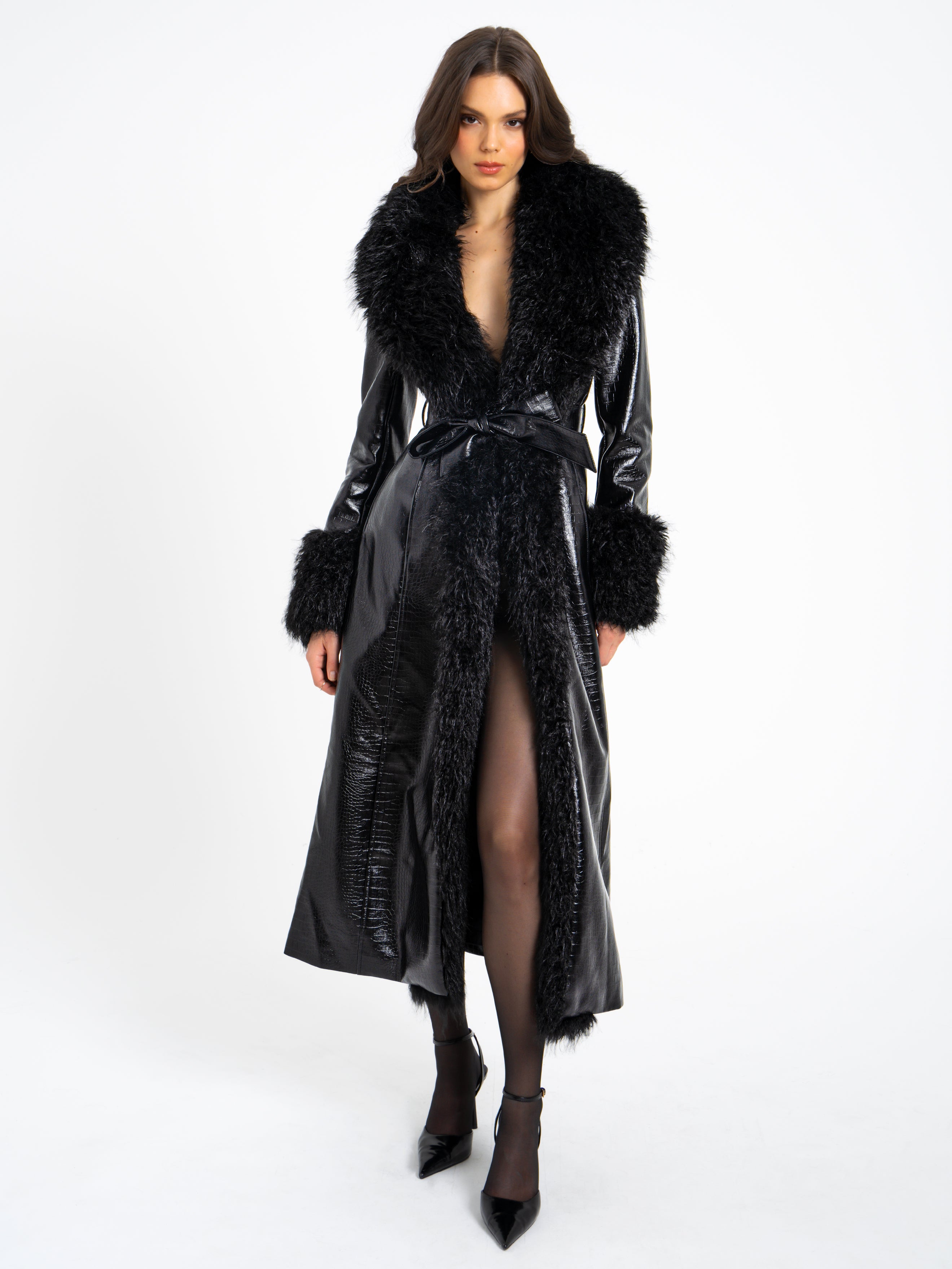 Zella Black Fur Trim Vegan Croc Leather Coat