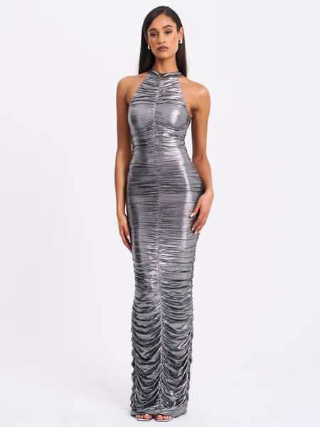 silver circle dress Circle Sequin Halter Shift Dress in Silver
