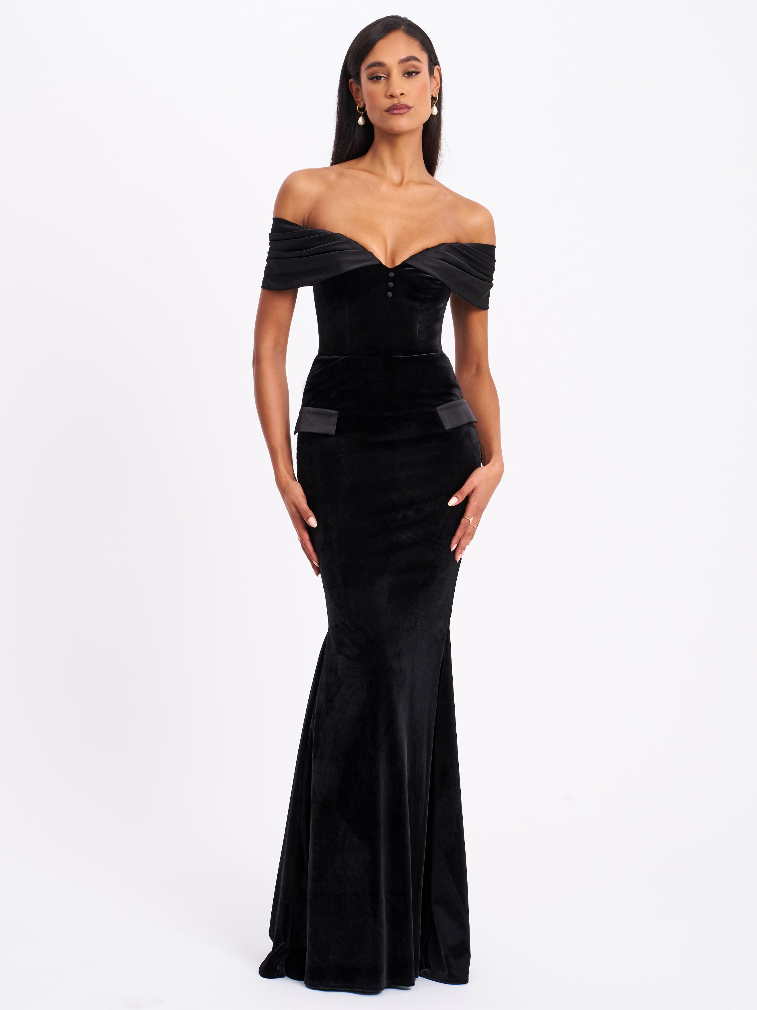 Qamra Black Velvet Off Shoulder Mermaid Maxi Dress