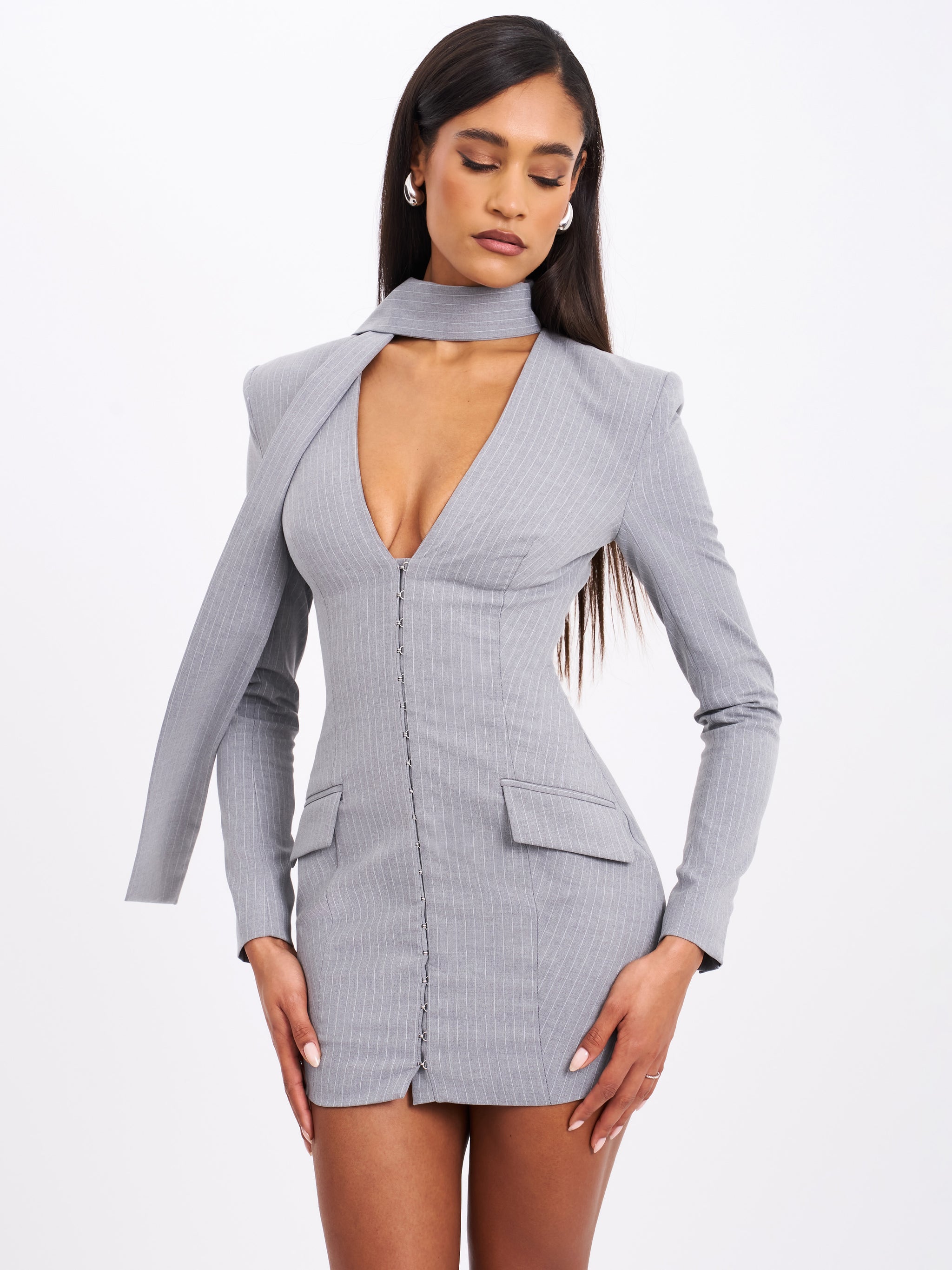 Miss Circle Women's Tahlia Deep V Pinstripes Gray Blazer Dress with scarf collar - Grey - M Miss Circle Women's Tahlia Deep V Pinstripes Gray Blazer Dress with scarf collar - Grey - M