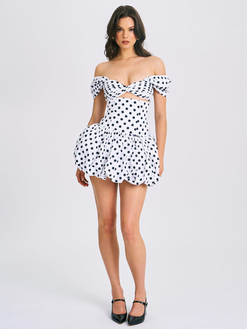 Umika White Polka Dots Bubble Hem Mini Dress