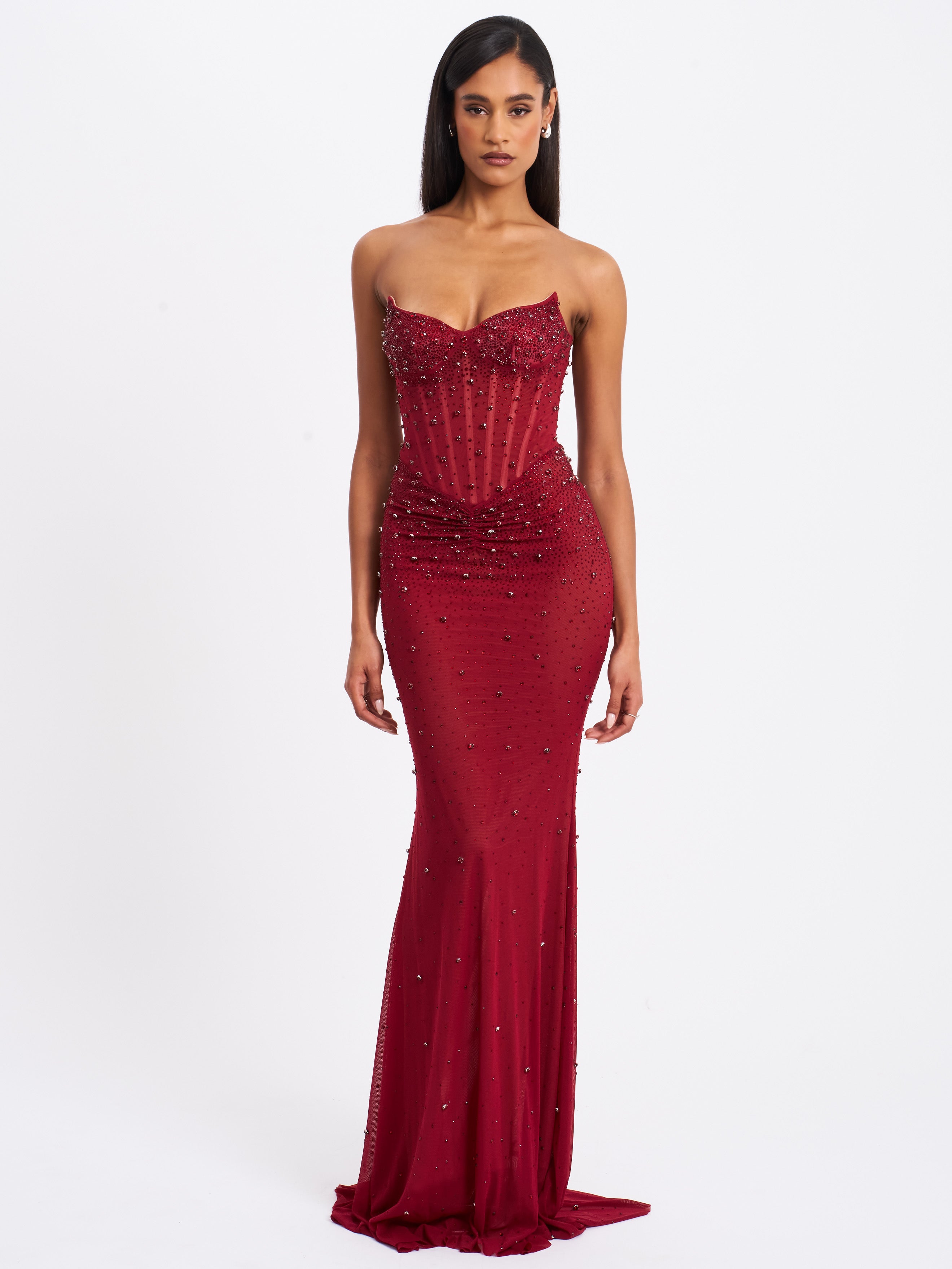 Fatima Burgundy Crystal Sleeveless Corset Mermaid Maxi Dress