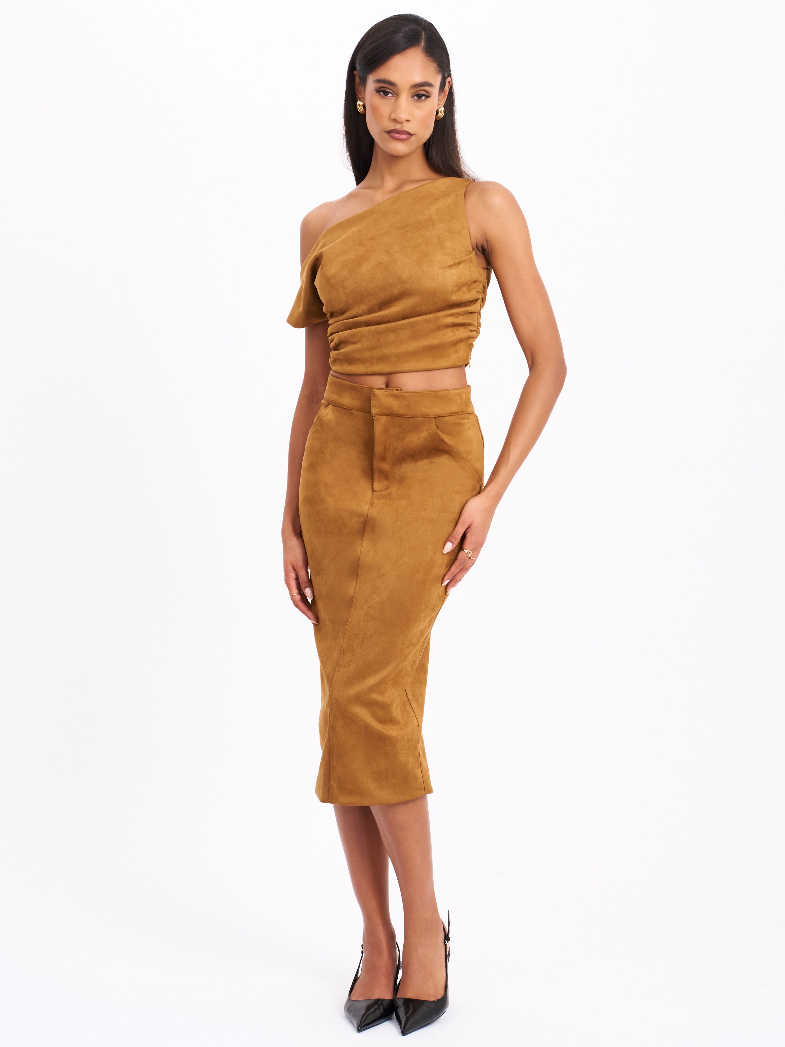 Zabrina Brown Suede Straight Pencil Skirt