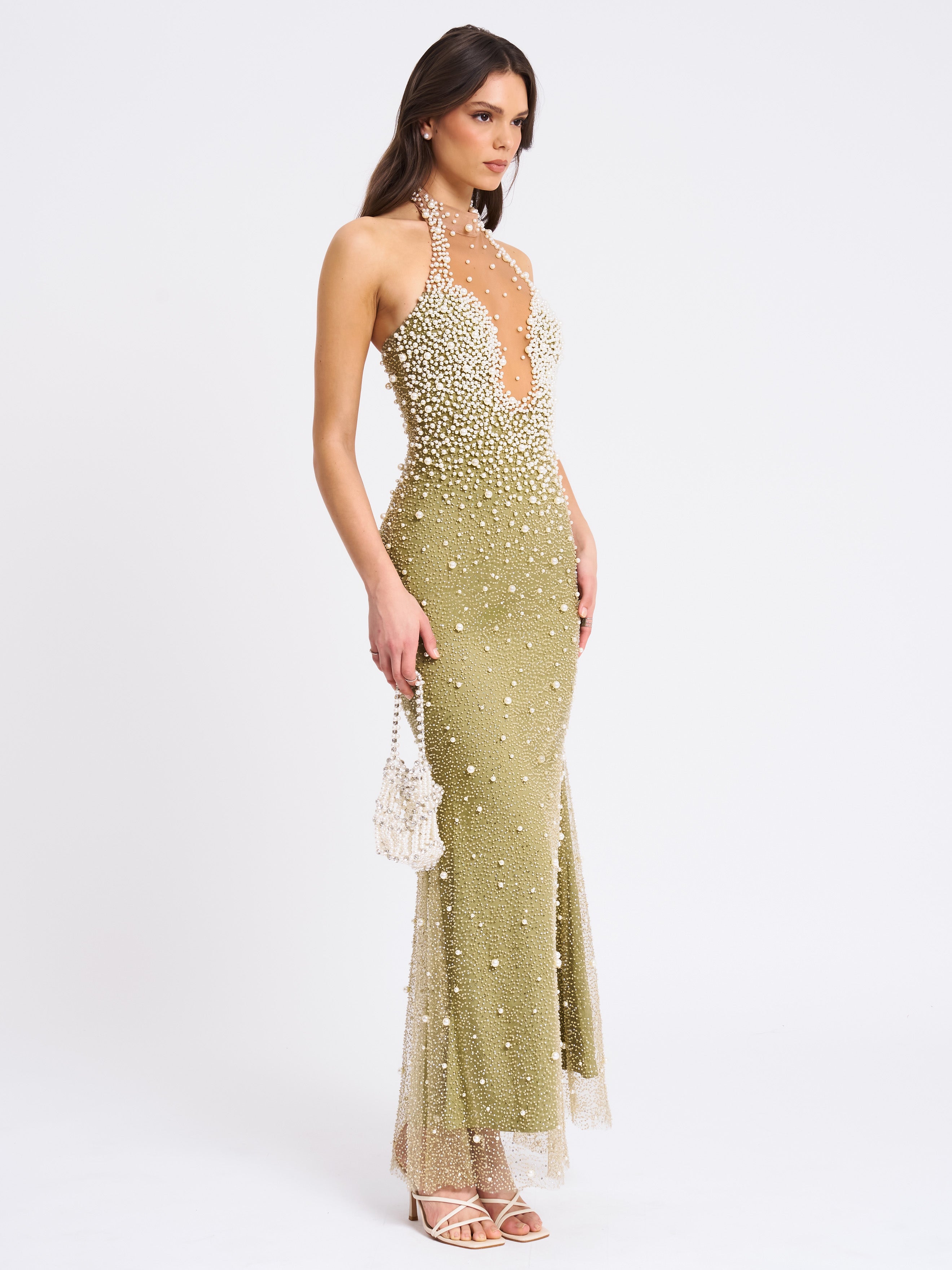 Ginny Pear Green Pearl Embellished Backless Gown