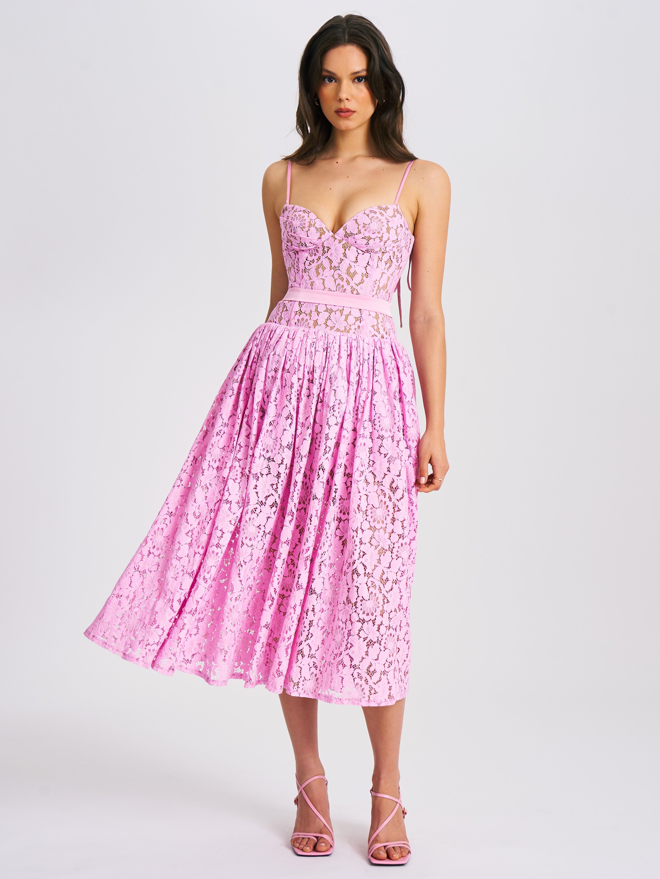 Lorena Pink Lace Drop Waist Midi Sundress