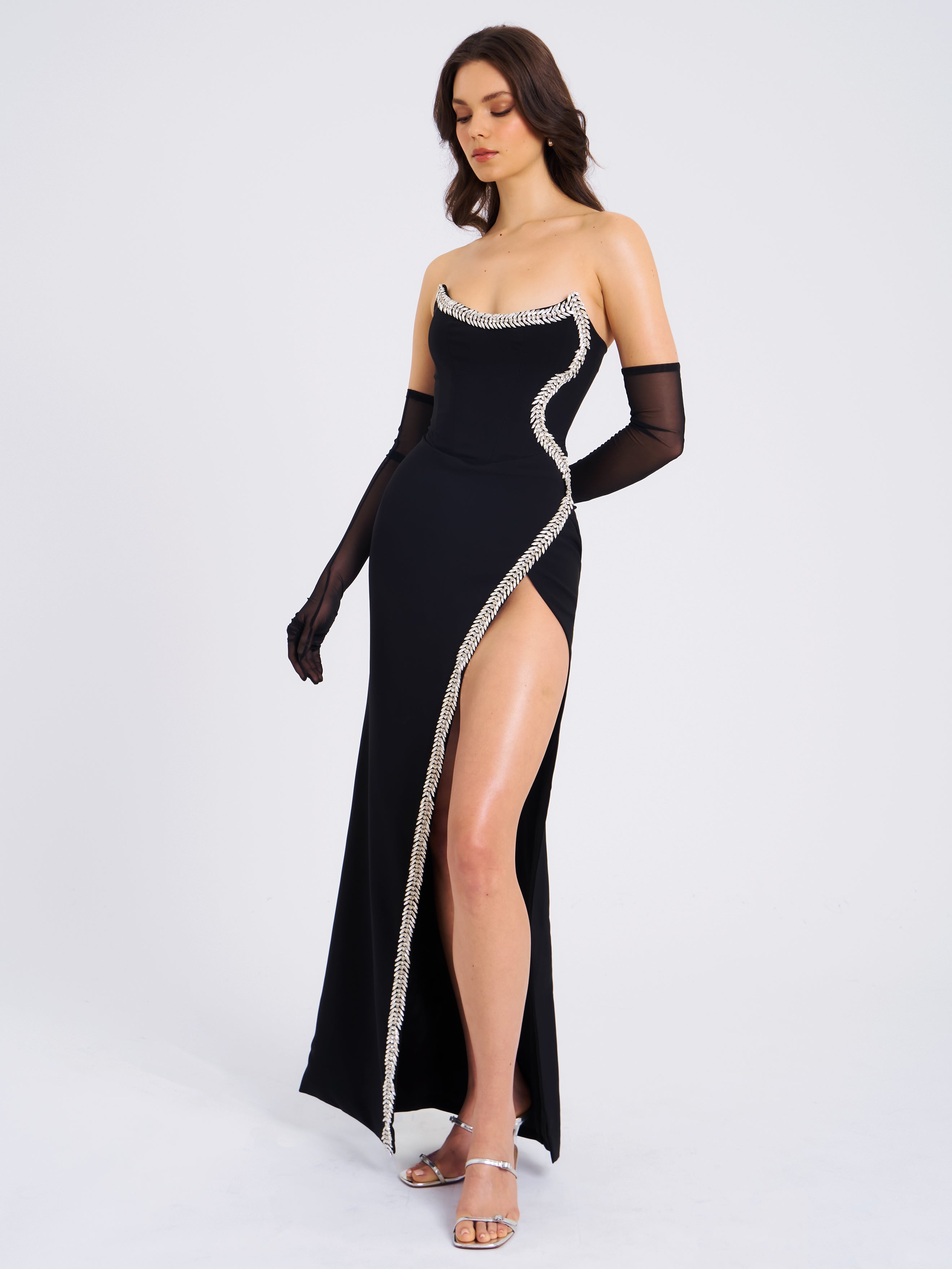 Xoana Black Crystal Embellished High Slit Gown