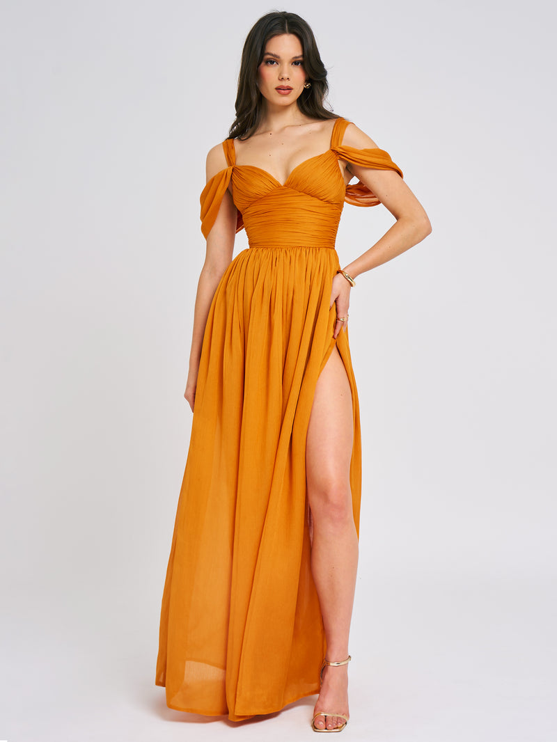 Jelani Layered Mesh High-Slit Drape Maxi Dress