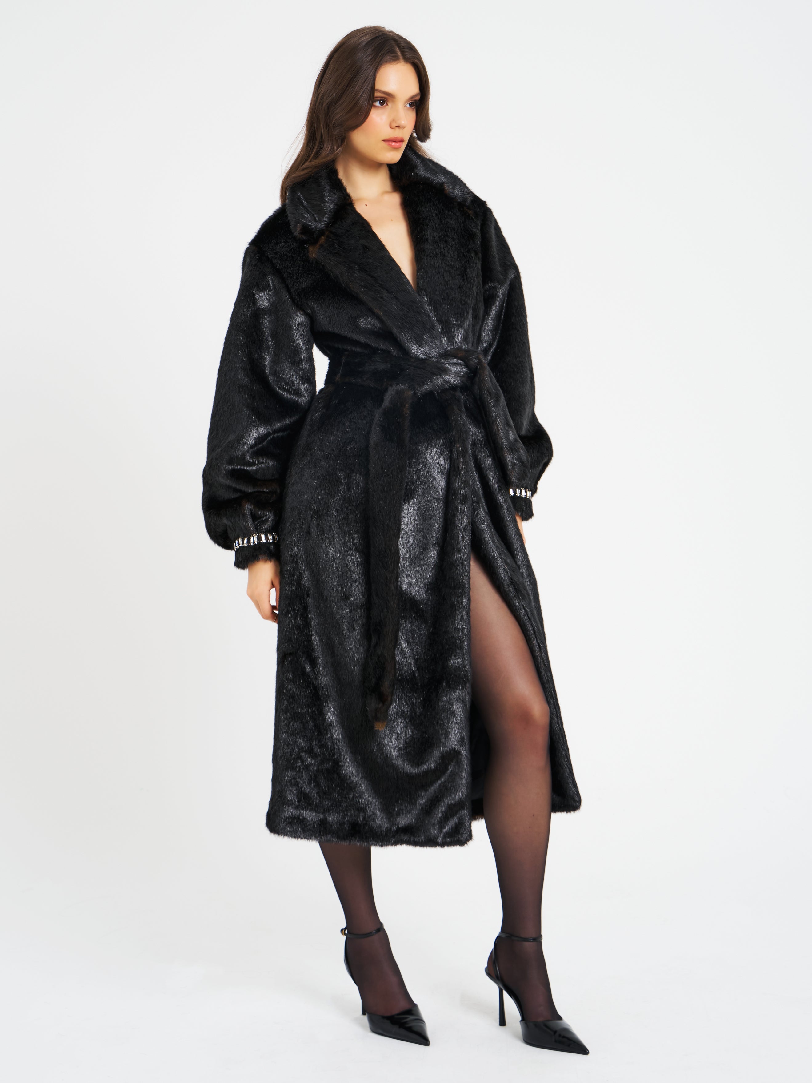 Yahia Black Vegan Long Faux Mink Coat