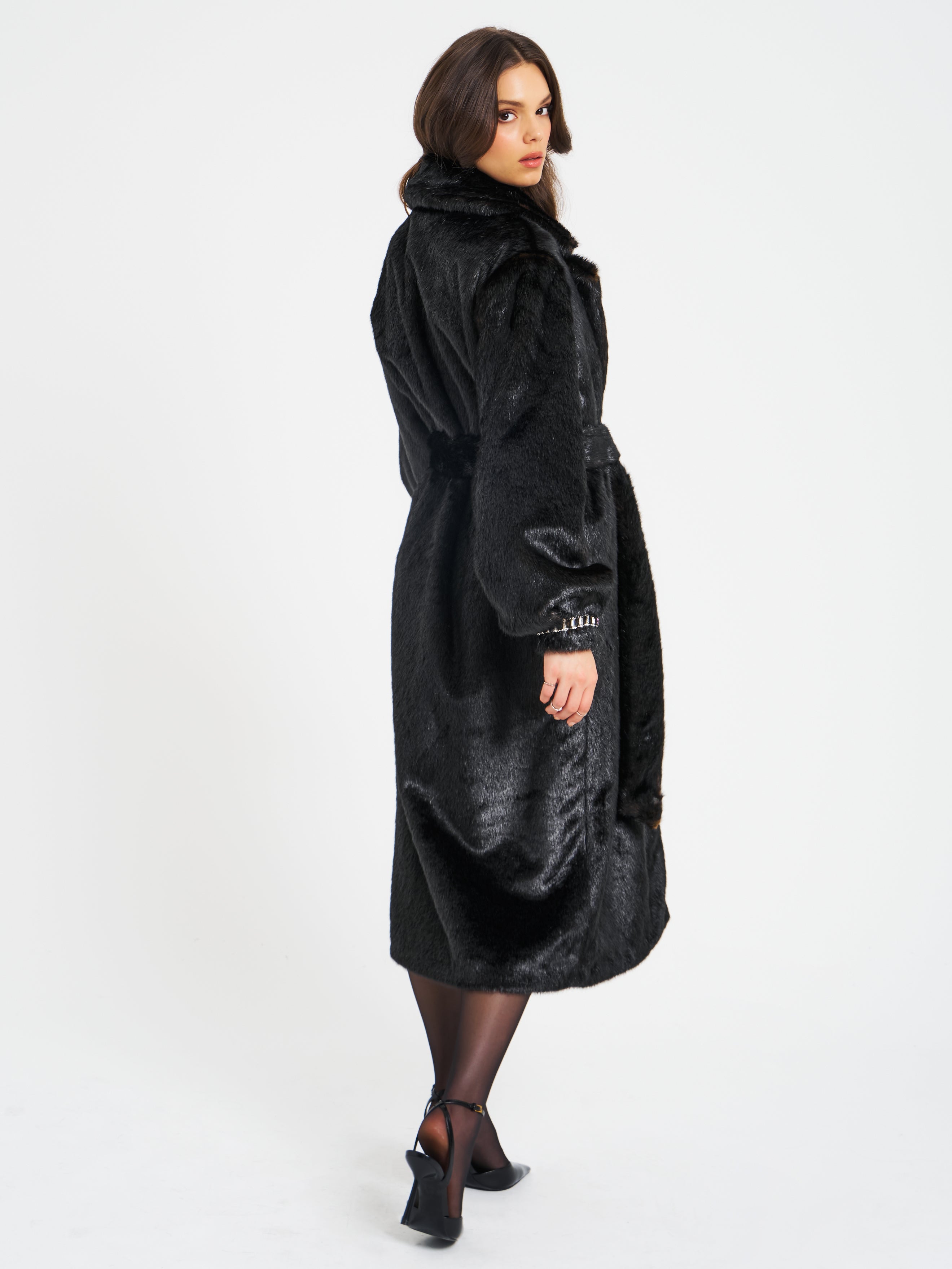 Yahia Black Vegan Long Faux Mink Coat