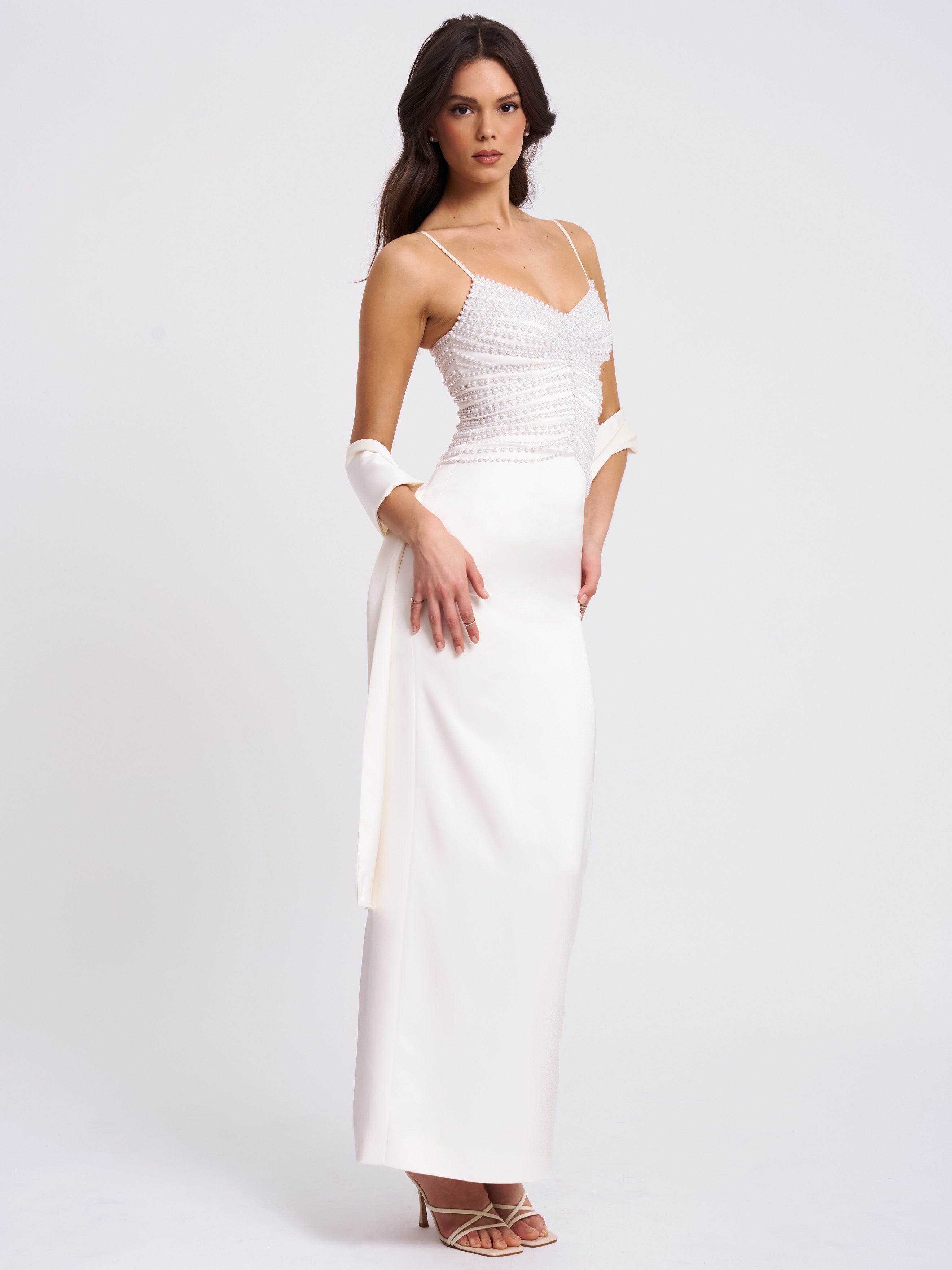 Karmen Pearl Top Pencil Slip Gown with Scarf