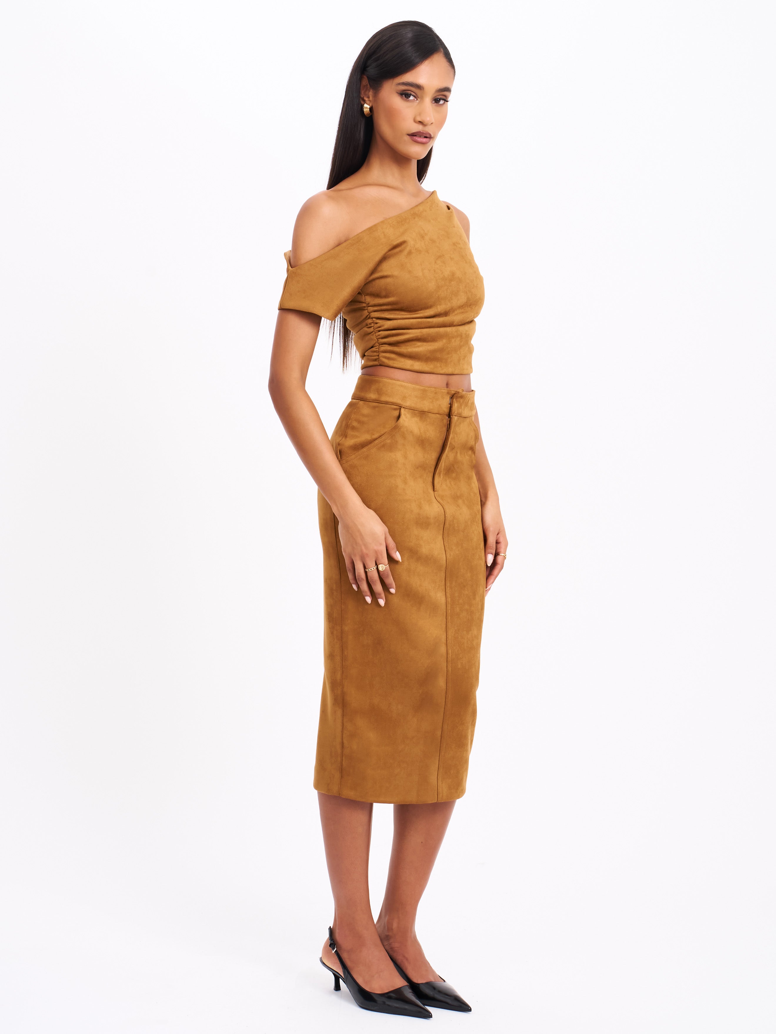 Zabrina Brown Suede Straight Pencil Skirt