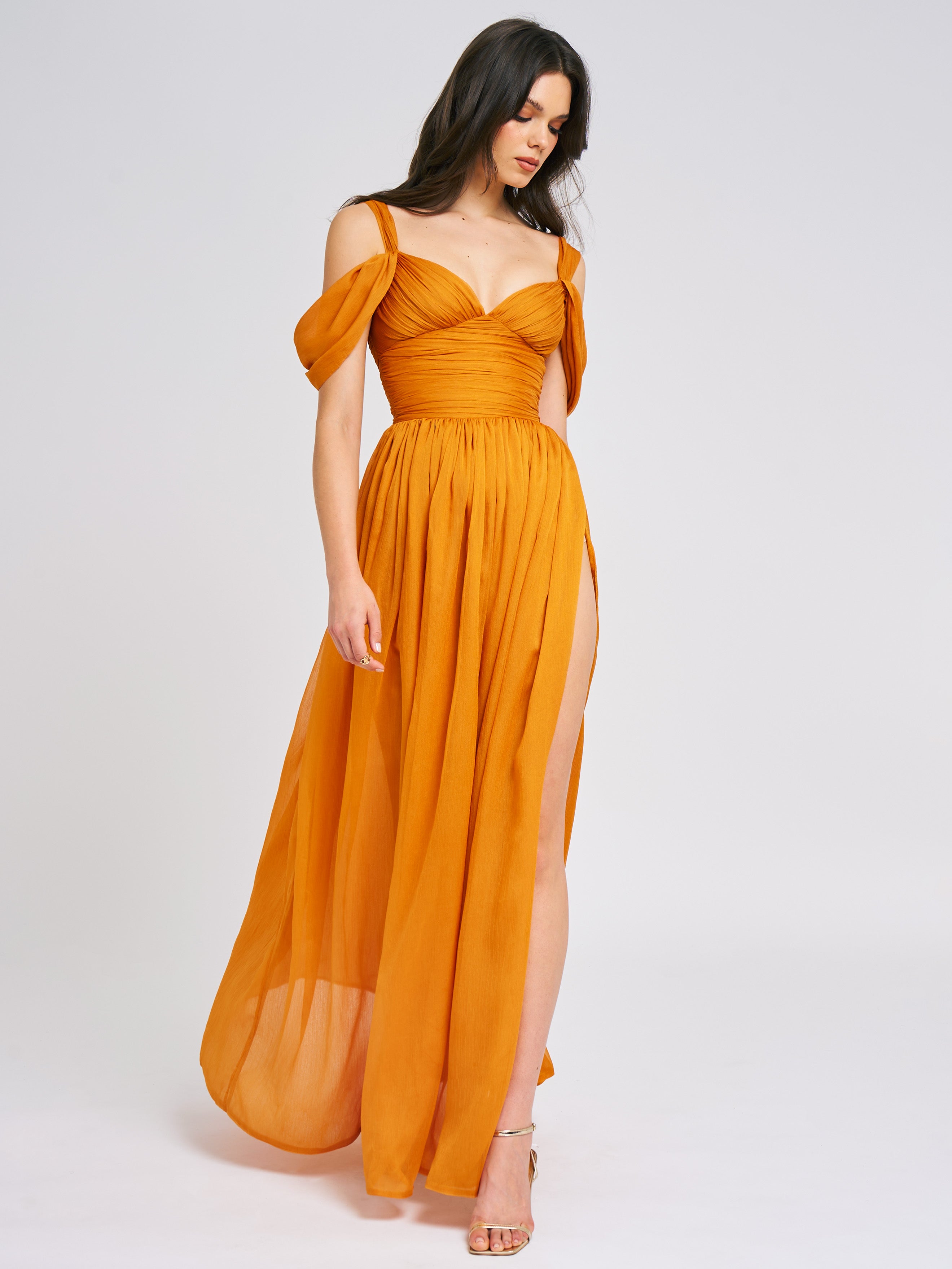 Jelani Layered Mesh High-Slit Drape Maxi Dress