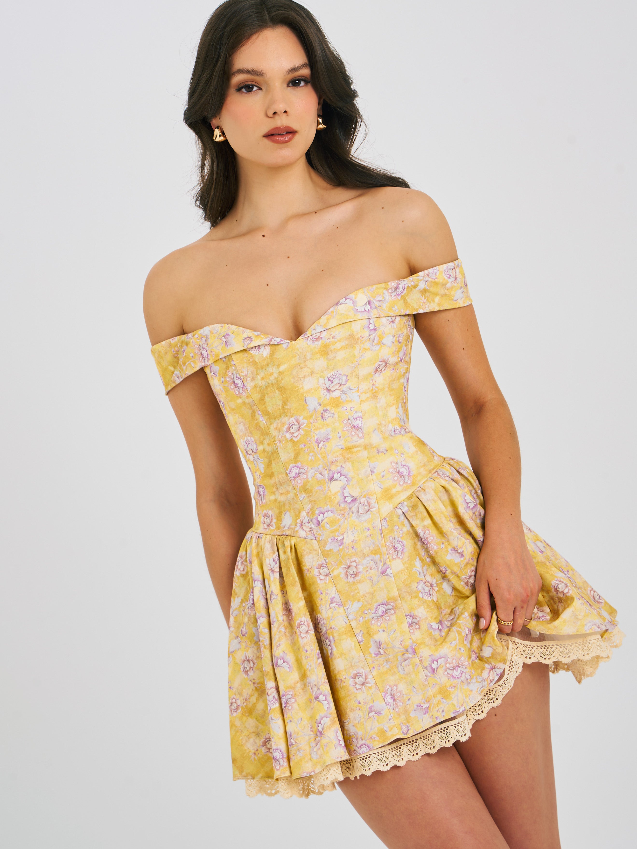 Oana Floral Print Linen Collared Off Shoulder Mini Dress