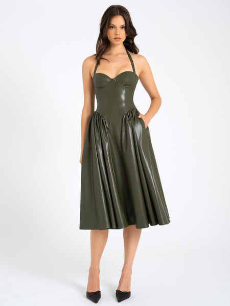 green leather dress Eliana Olive Vegan BCBG Max Azria - 50% Rayon newfpbf2025 Size:2XL (20/22)