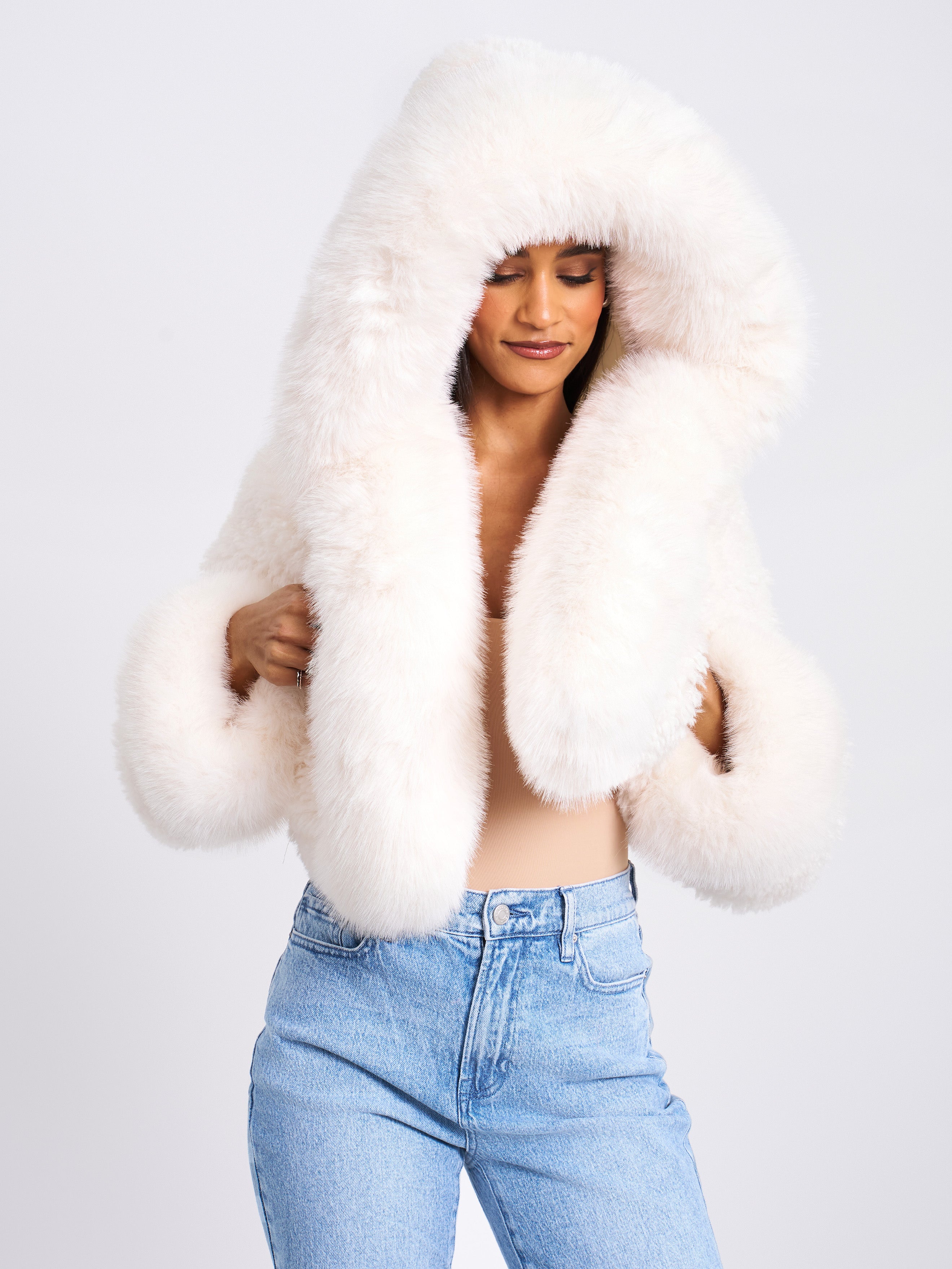 Kali White Cropped Vegan Fur Jacket With Hood