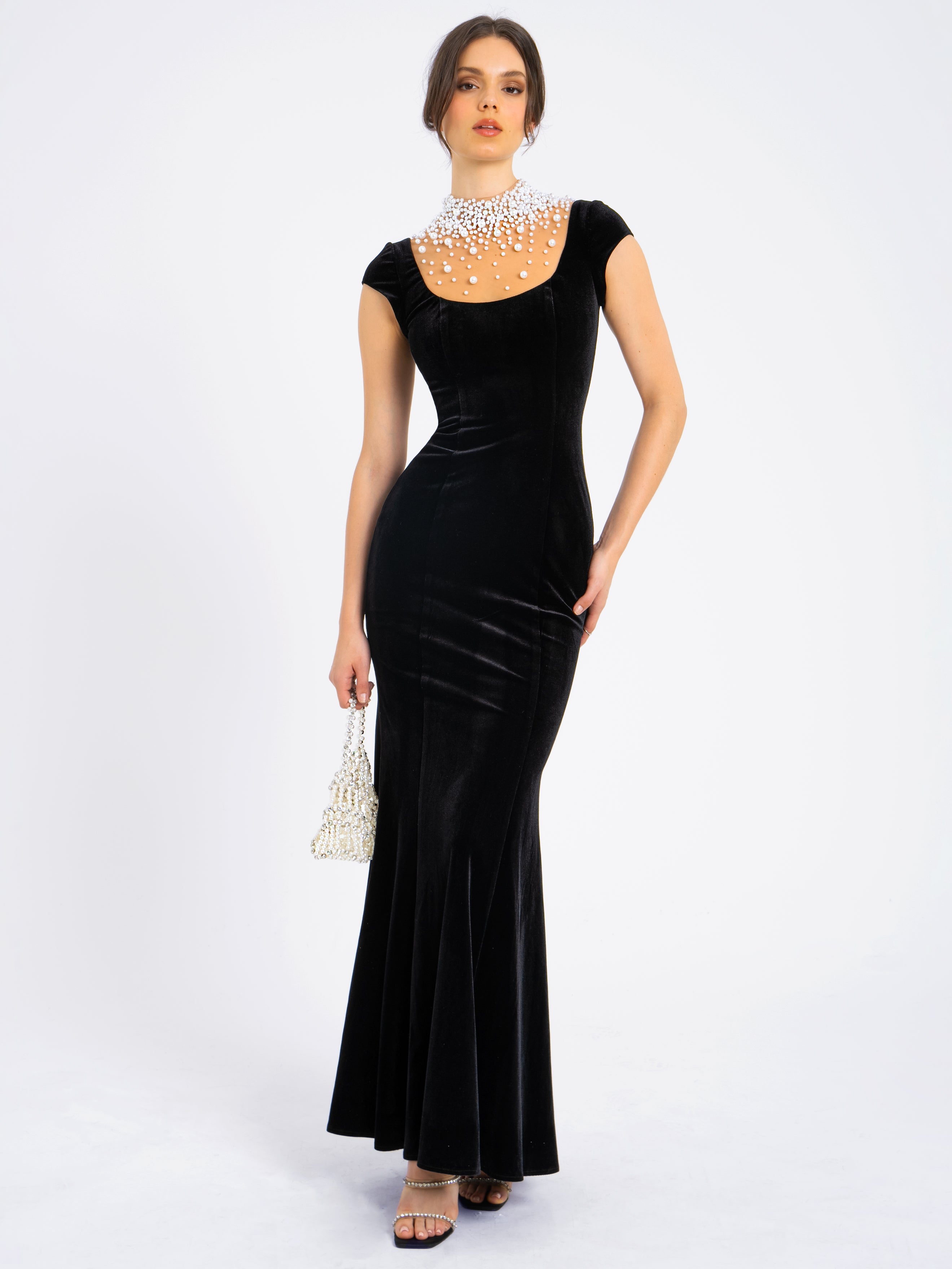 Rachael Black Velvet Pearl Embellished Gown