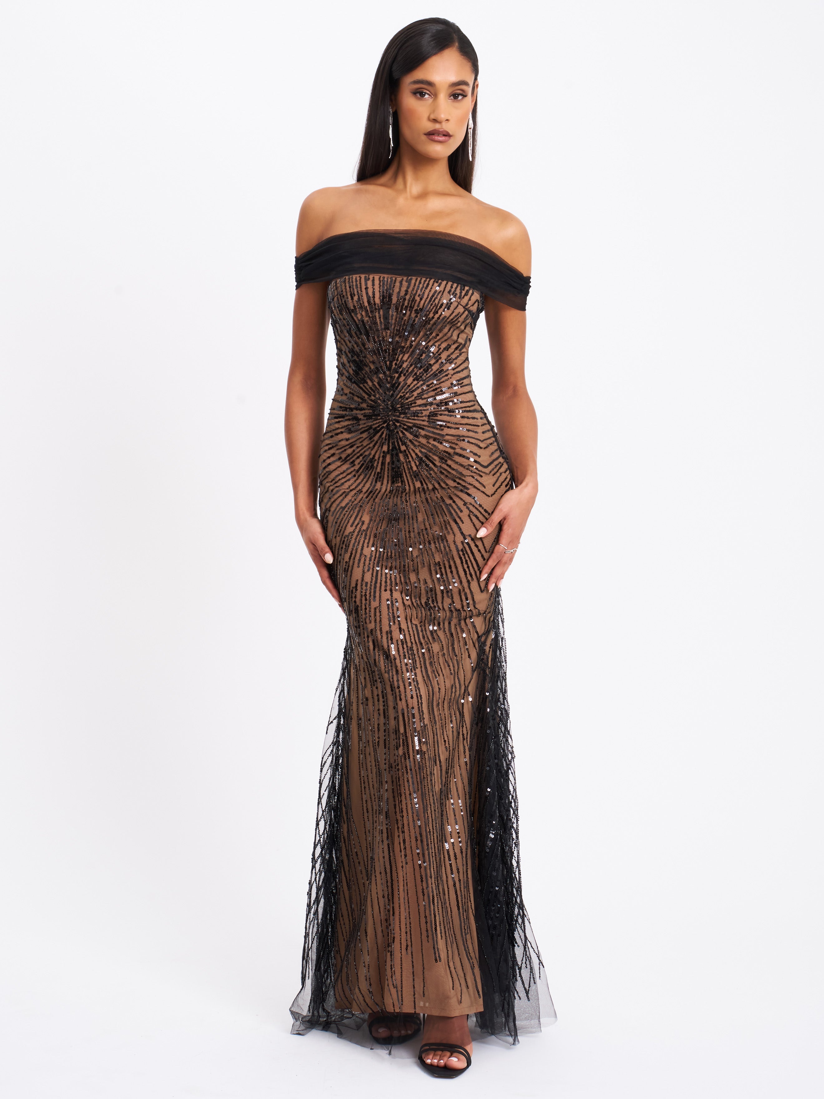 Qeturah Embroidered Sequin Off Shoulder Mesh Gown