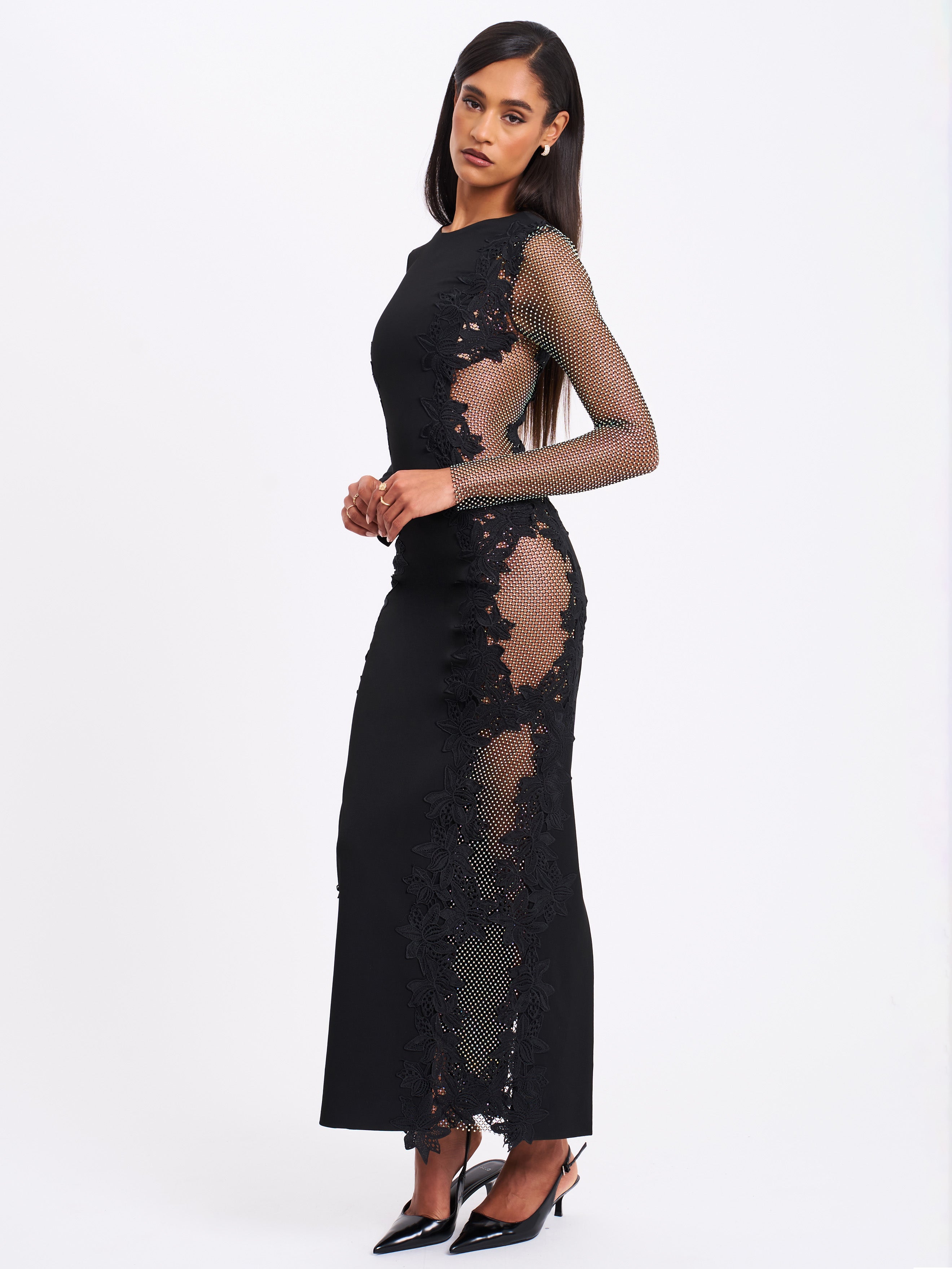 Bailey Lace Trim Crystal Net Cutout Long Sleeve Gown