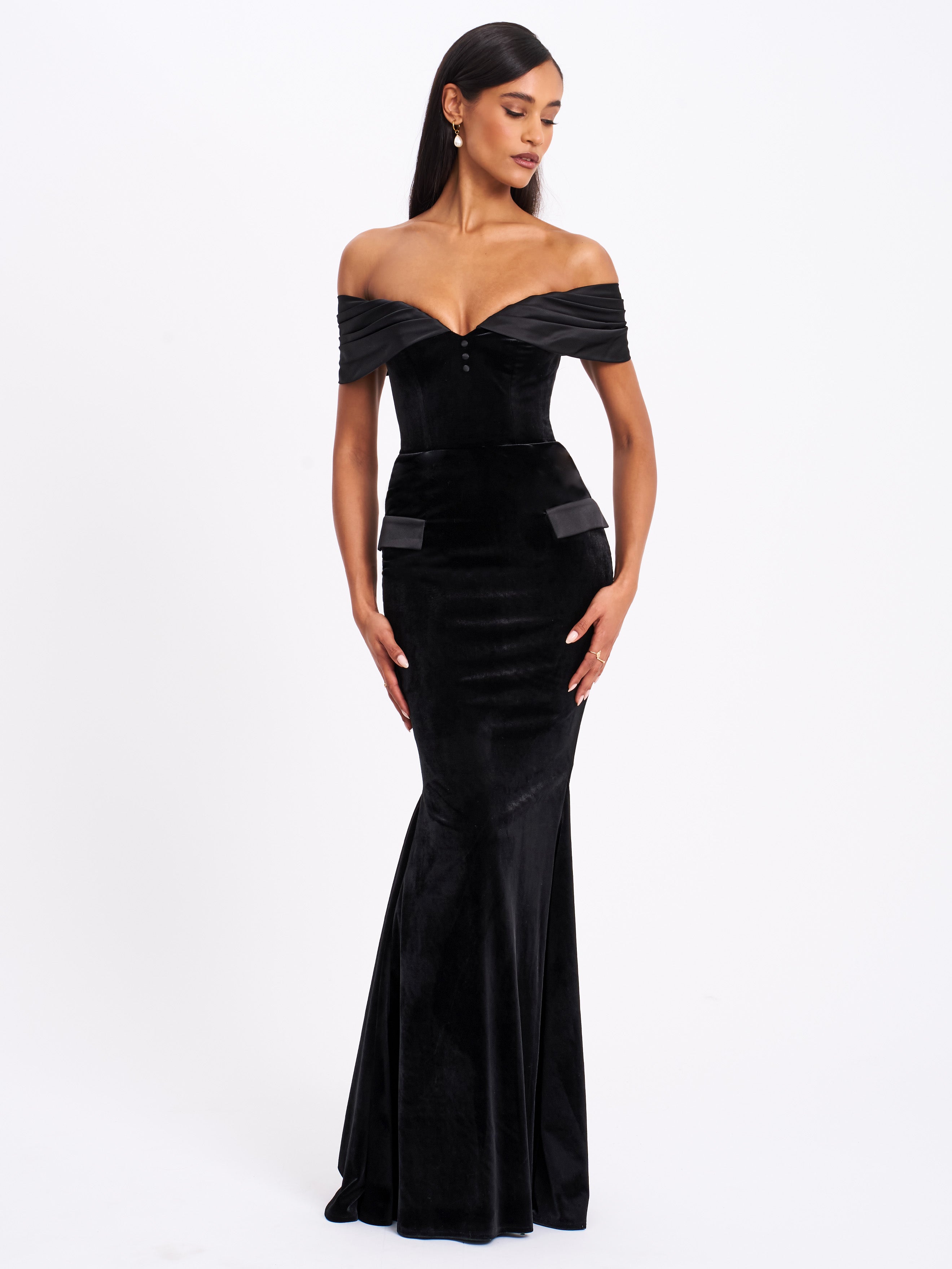 Qamra Black Velvet Off Shoulder Mermaid Maxi Dress