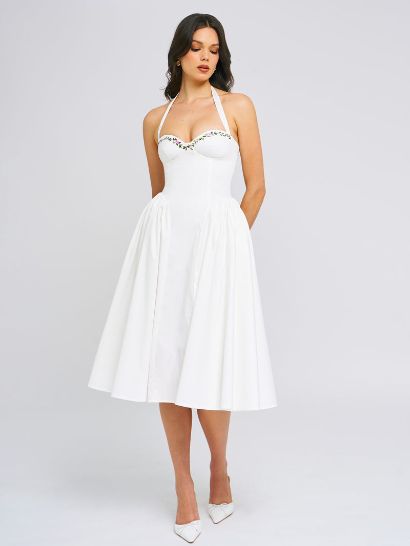 Gianna White Embroidered Halter Maxi Dress