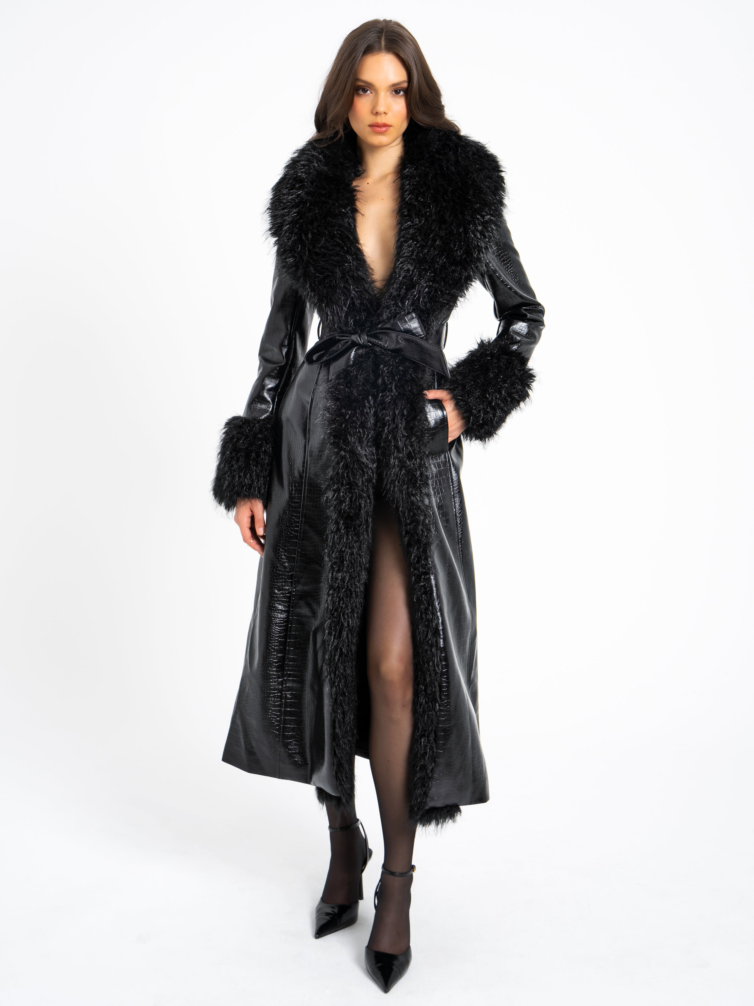 Zella Black Fur Trim Vegan Croc Leather Coat