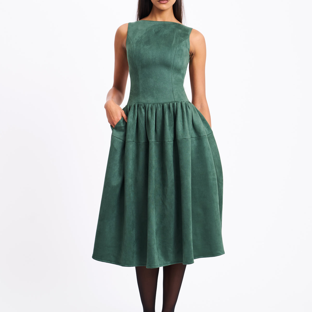Women Laila Green Suede Boat Neck Backless Midi Dress