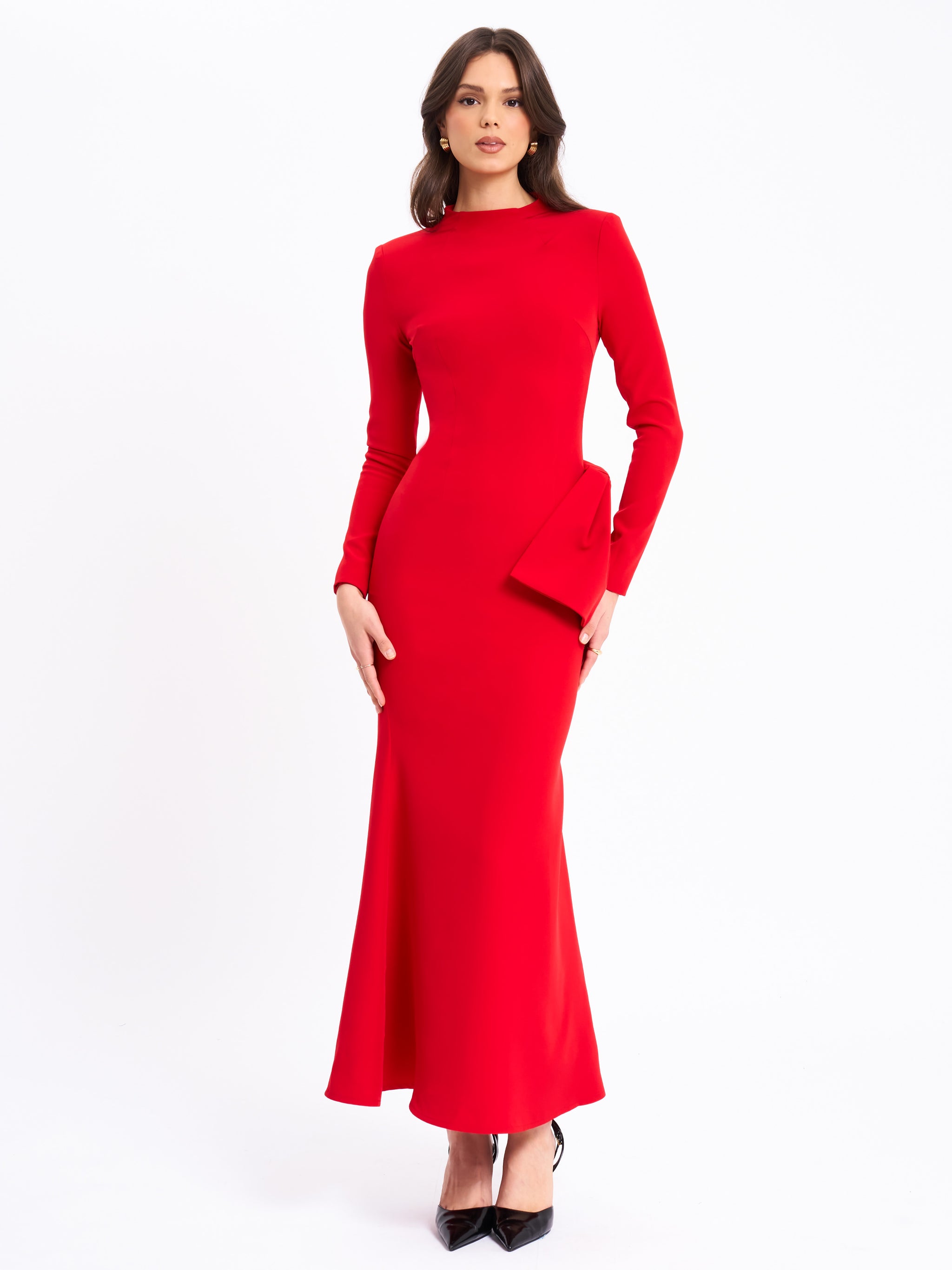 Radha Red Backless Longsleeve Maxi Dress with Bow (Archive Sale)