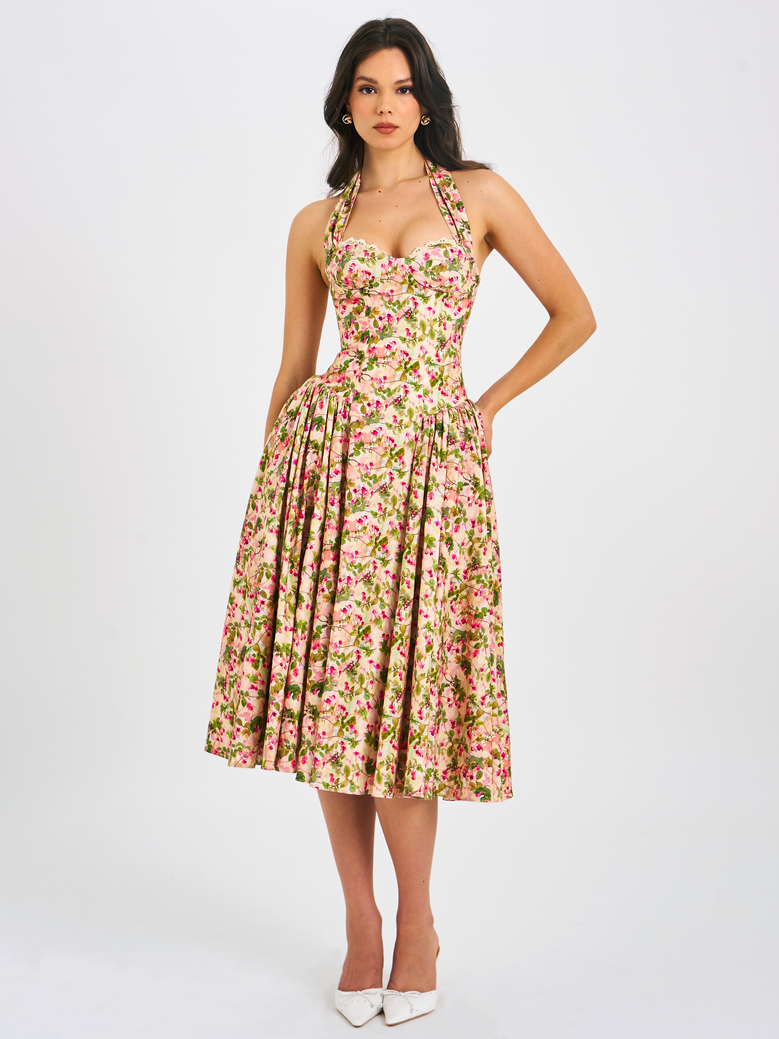 Niya Floral Print Linen Halter Corset Maxi Dress