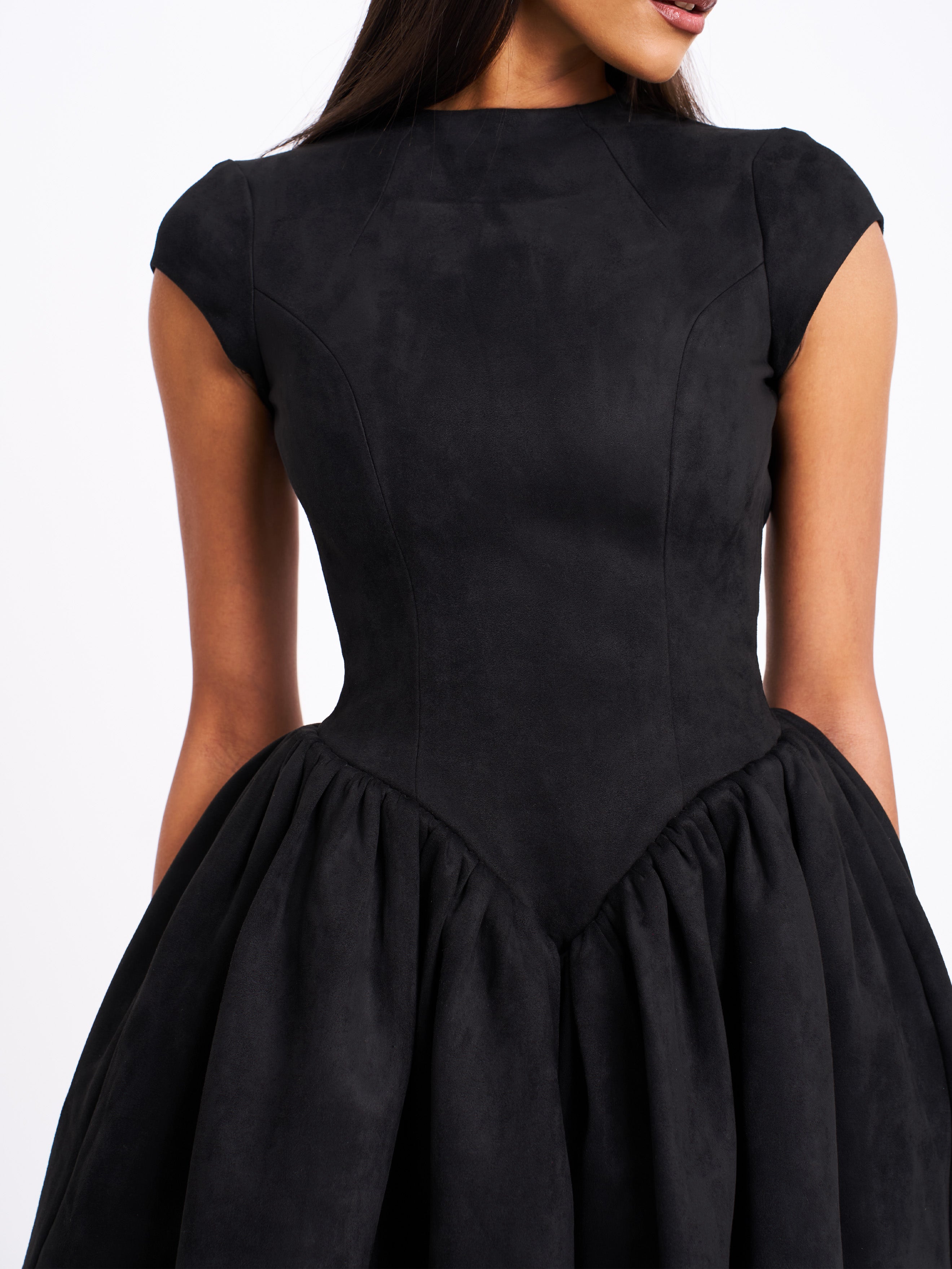 Jacqueline Backless Black Mini Puffy Suede Dress