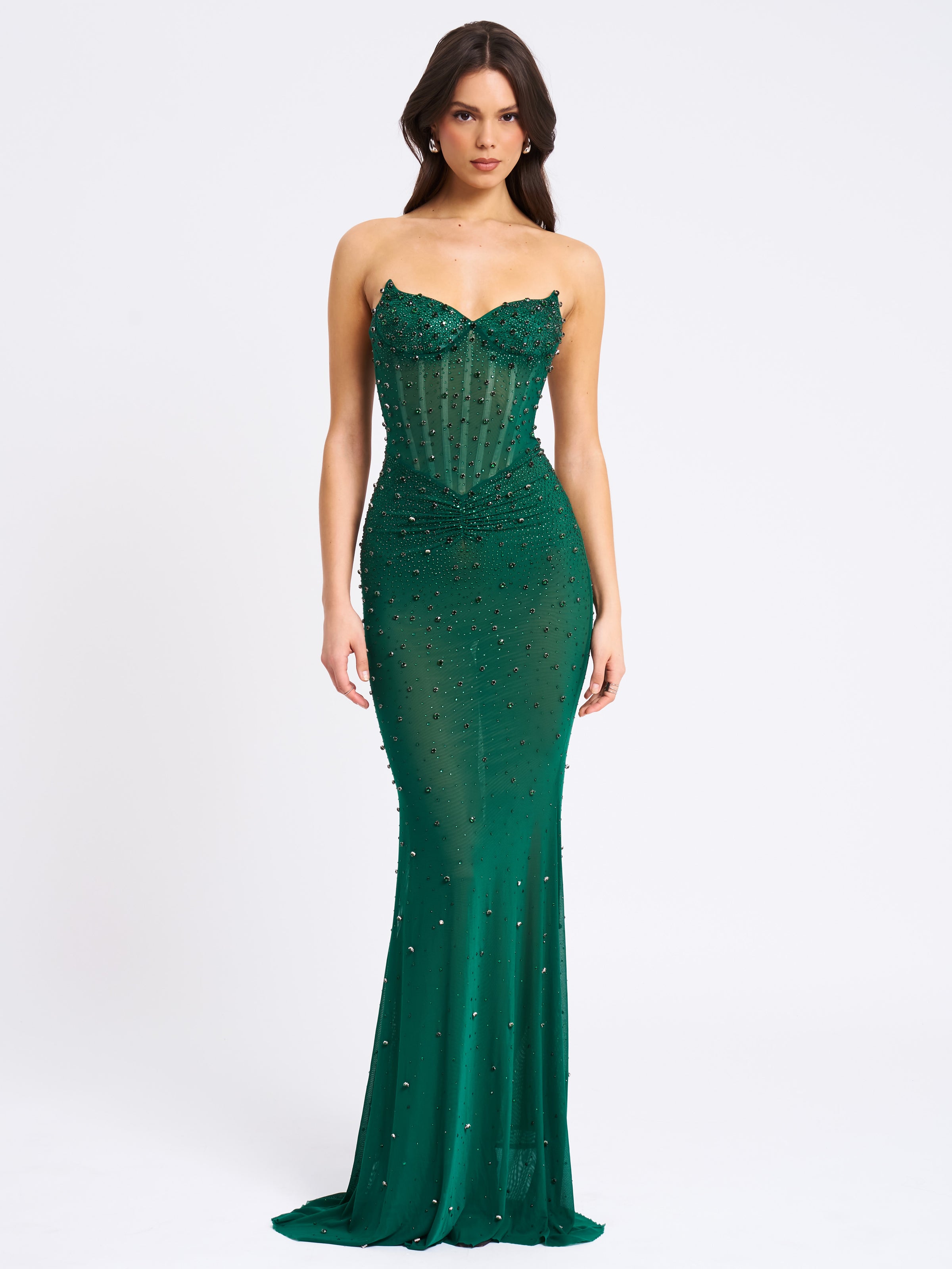 Fatima Nude Crystal Sleeveless Corset Mermaid Maxi Dress