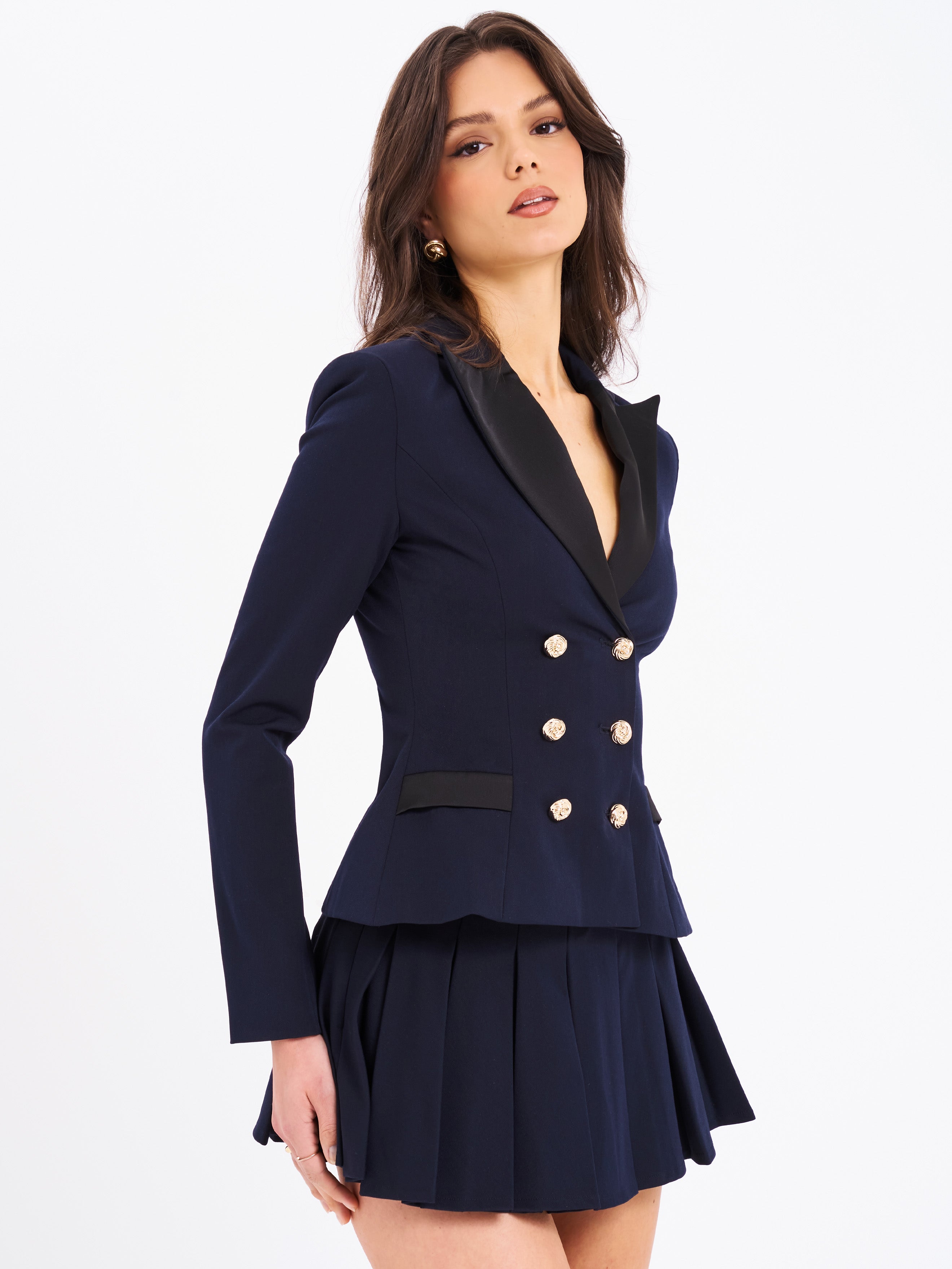 Nasia Navy Blue Double Breast Backless Blazer