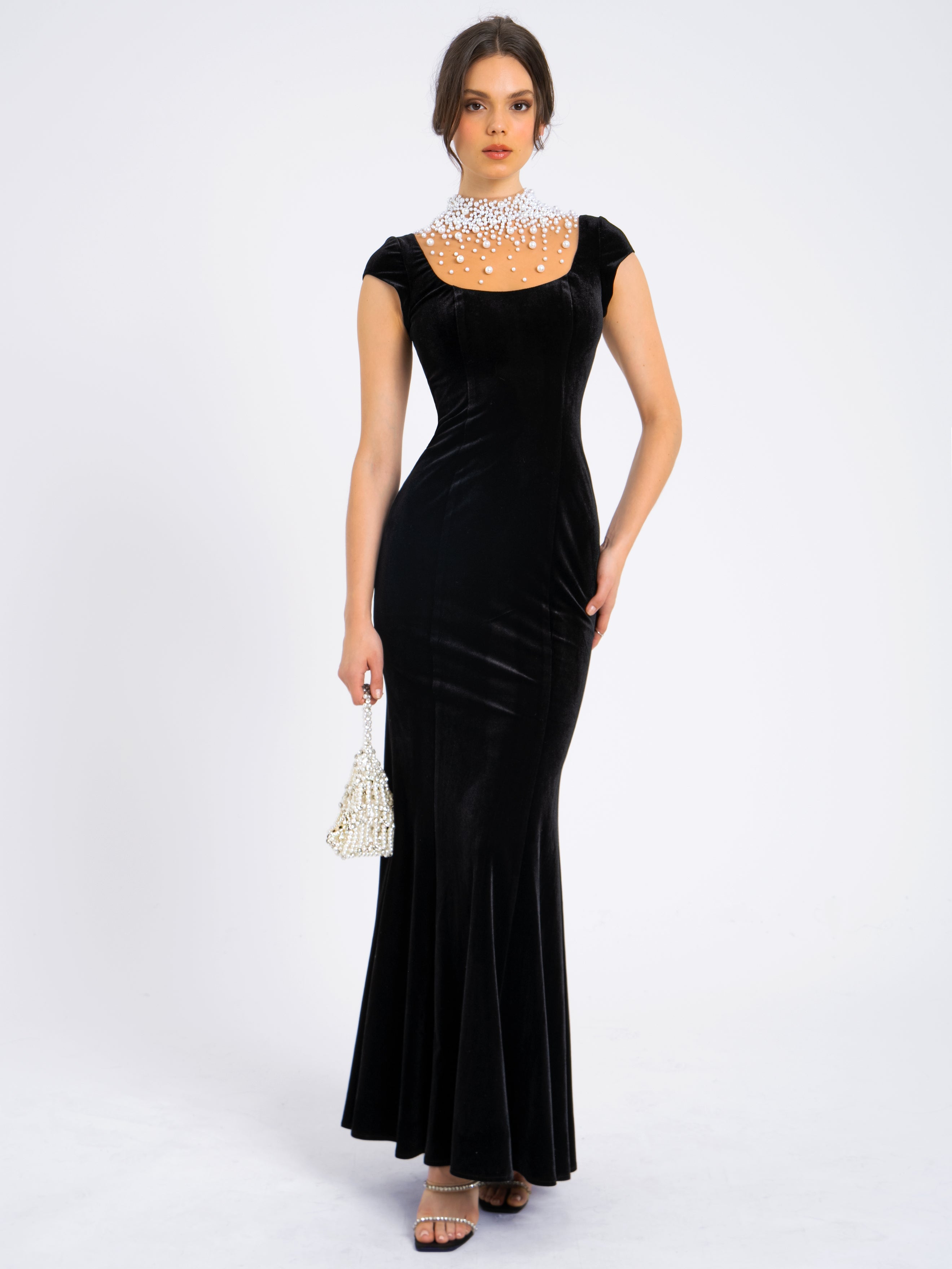 Rachael Black Velvet Pearl Embellished Gown