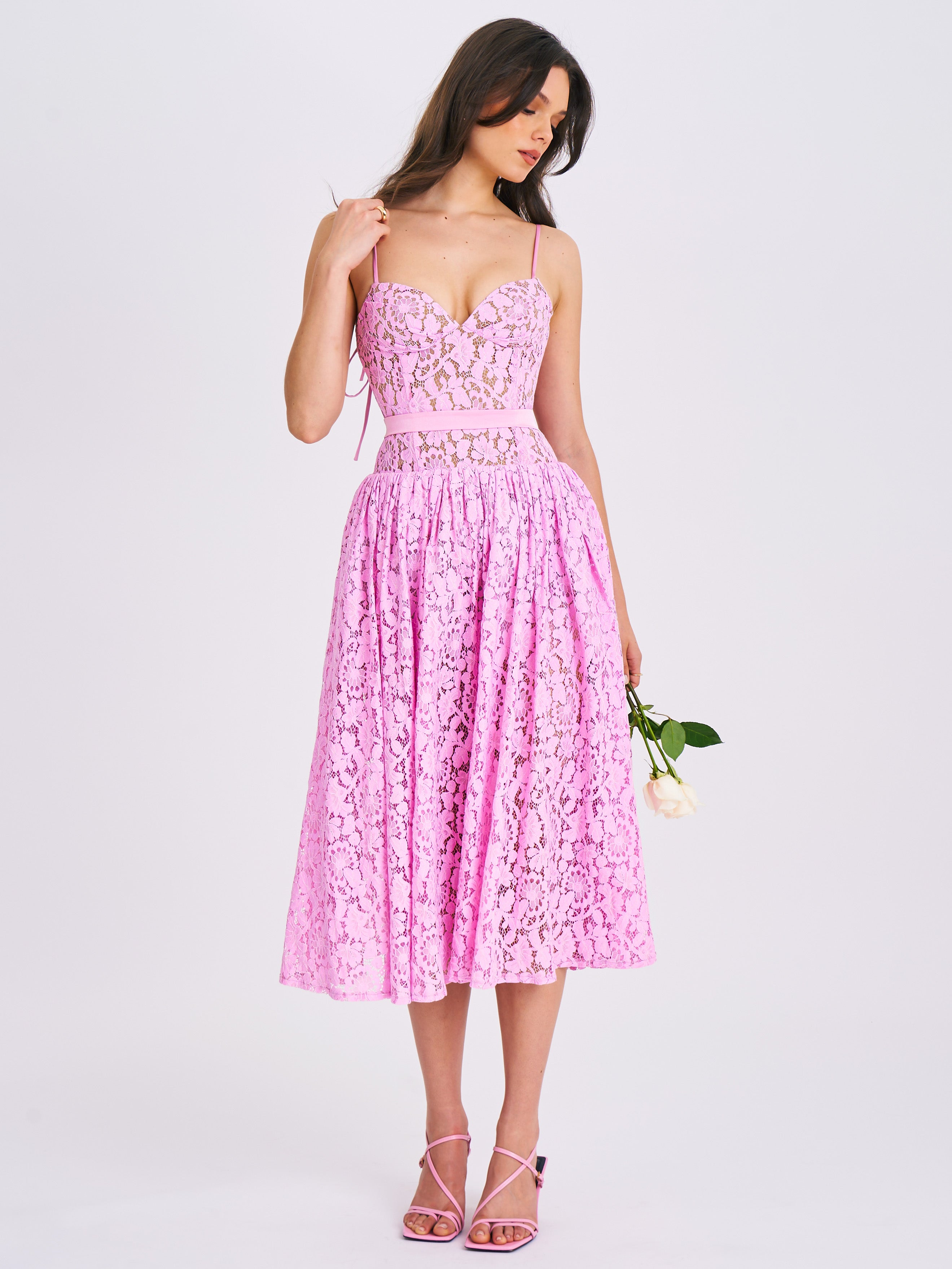 Lorena Pink Lace Drop Waist Midi Sundress