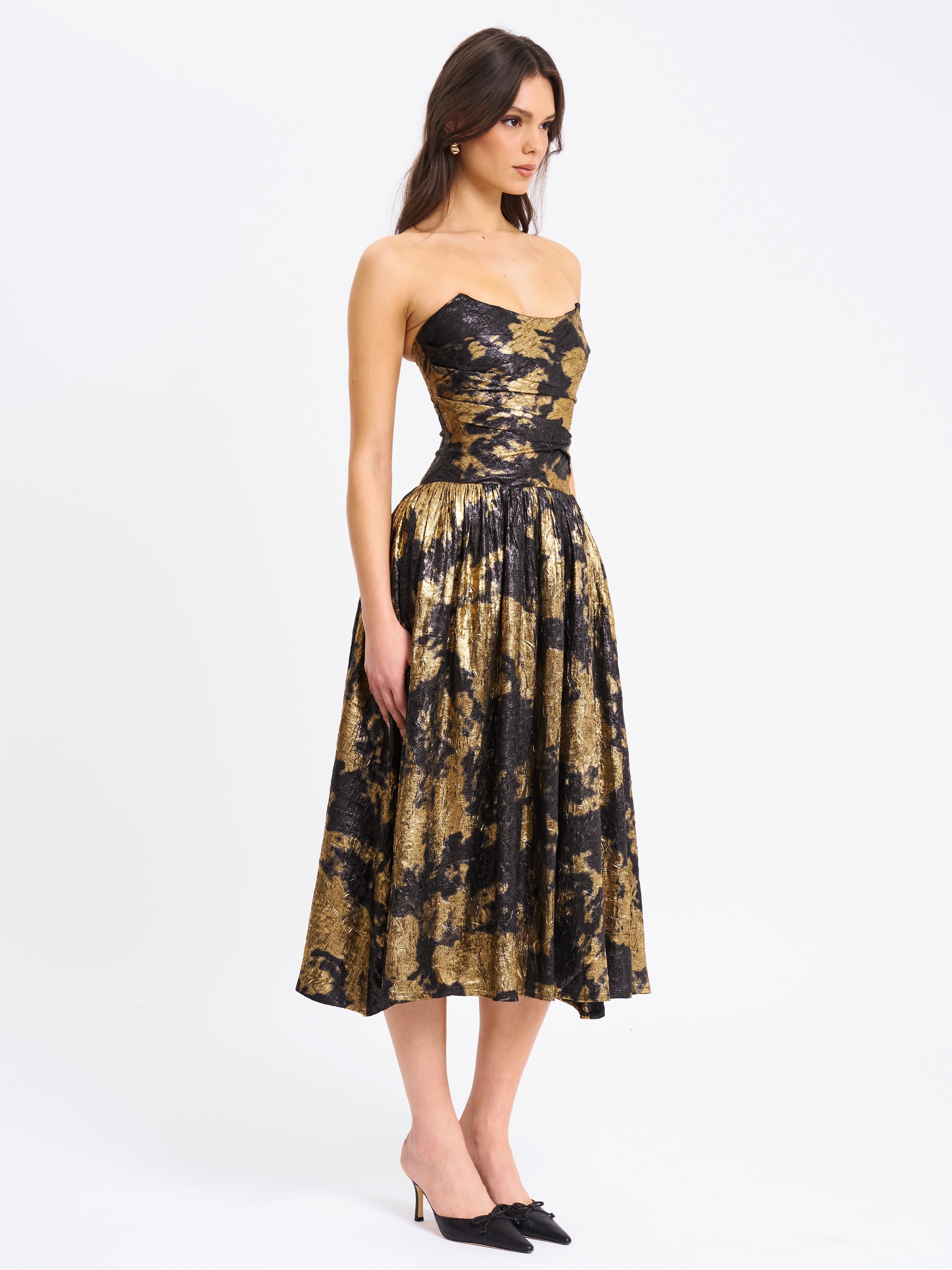 Saanvi Gold Tie Dye Bronzing Strapless Drop Waist Midi Dress