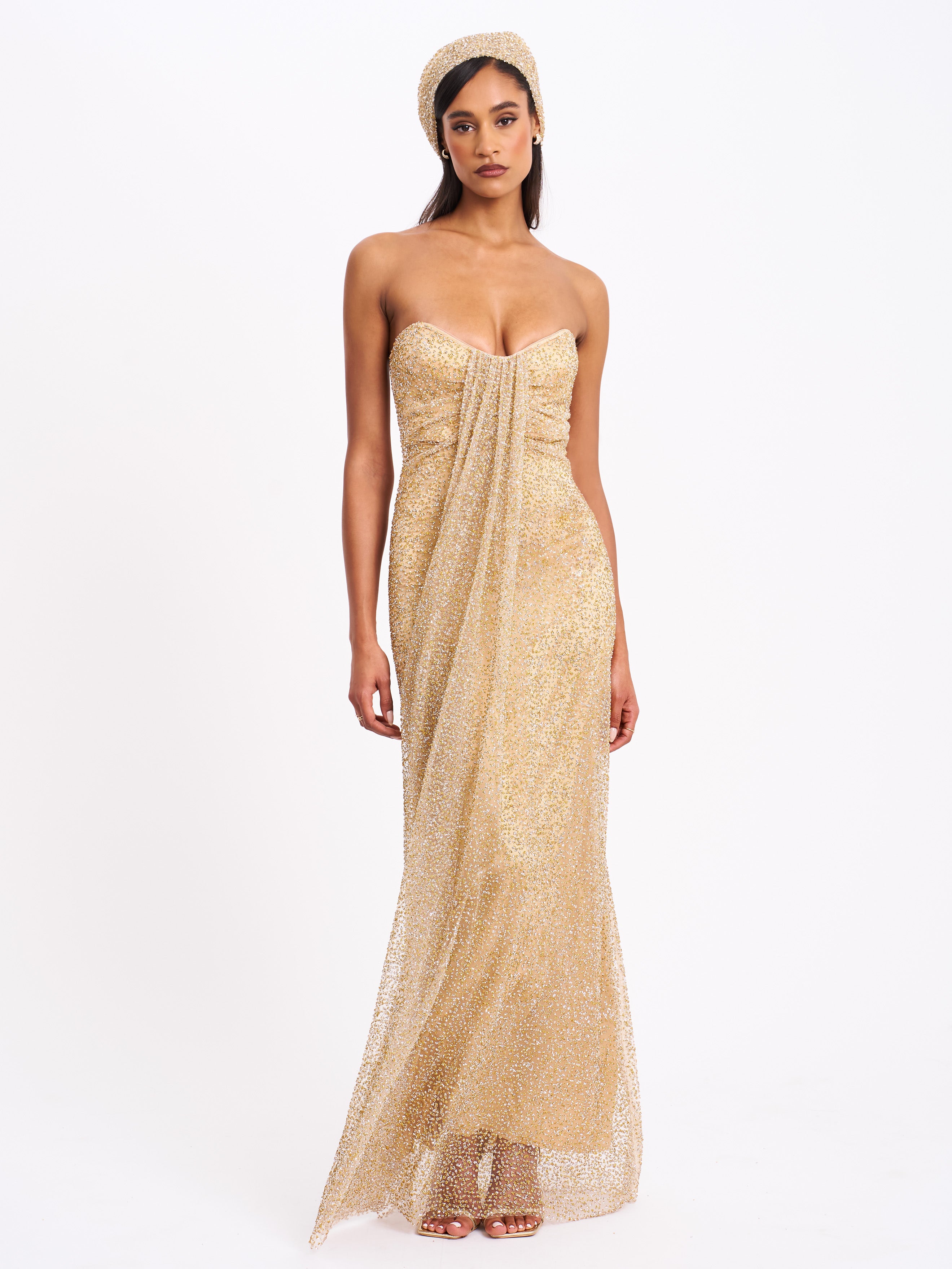 Ada Gold Rhinestone Embellished Strapless Gown with Head Scarf