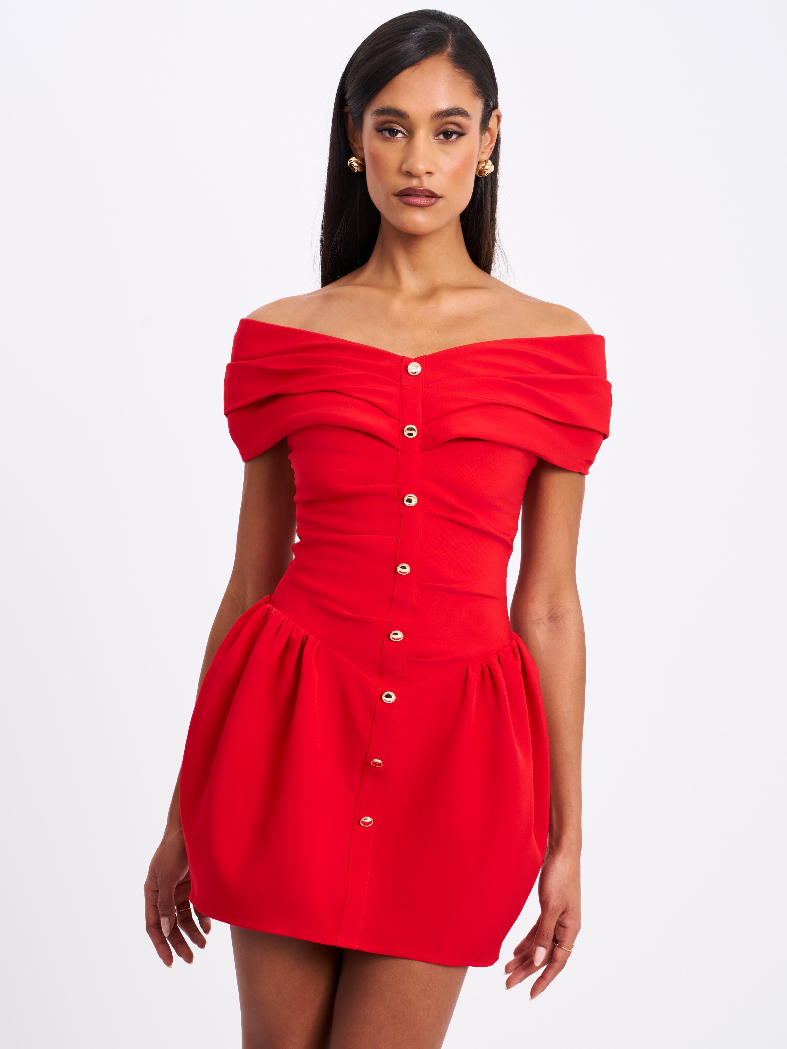 Cait Red Off Shoulder Drop Waist Mini Dress