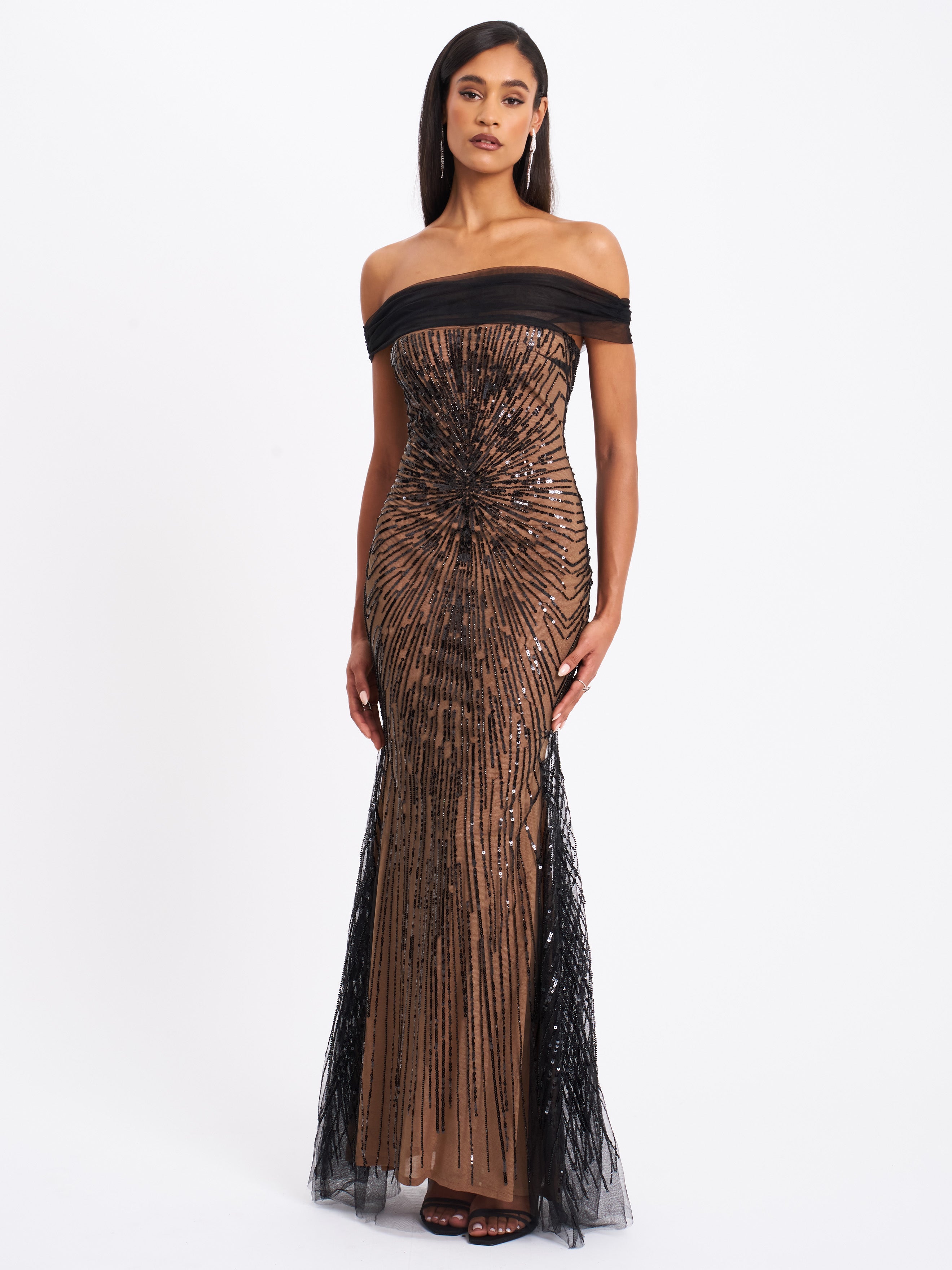 Qeturah Embroidered Sequin Off Shoulder Mesh Gown