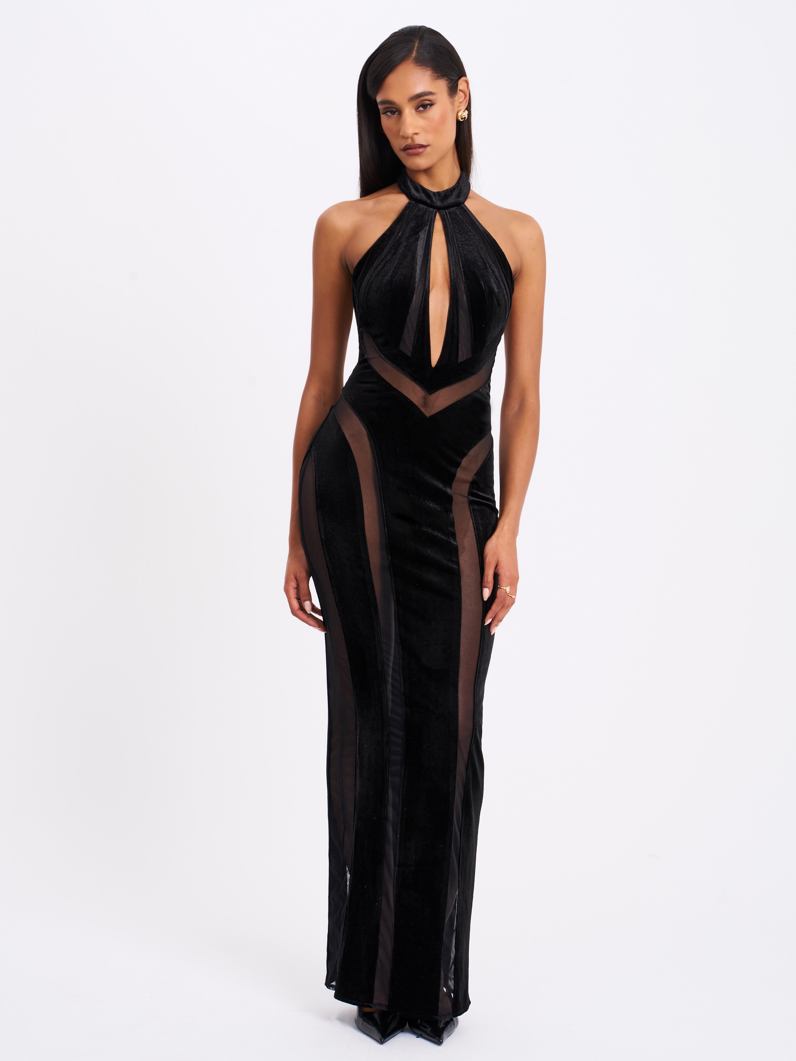 Paityn Black Velvet Mesh Cutout Halter Gown