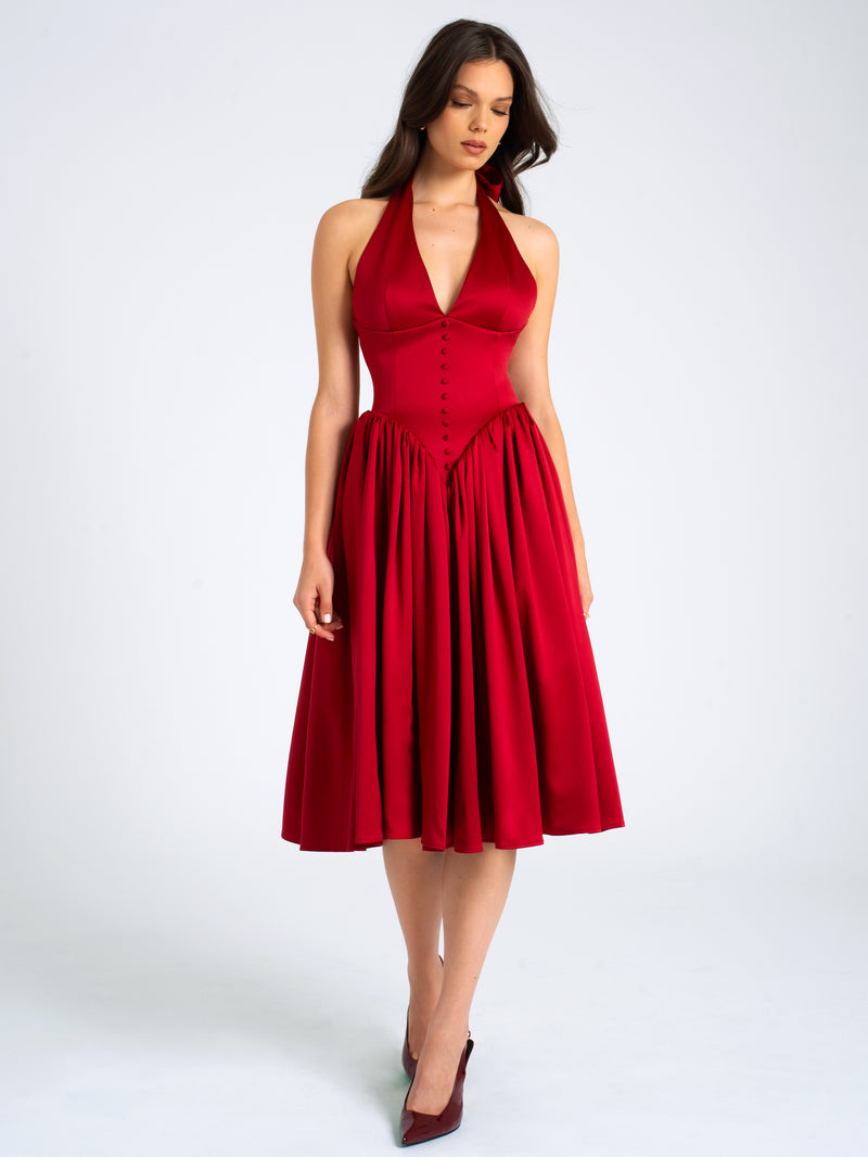 Cara Red Plunging Halter Backless Maxi Dress