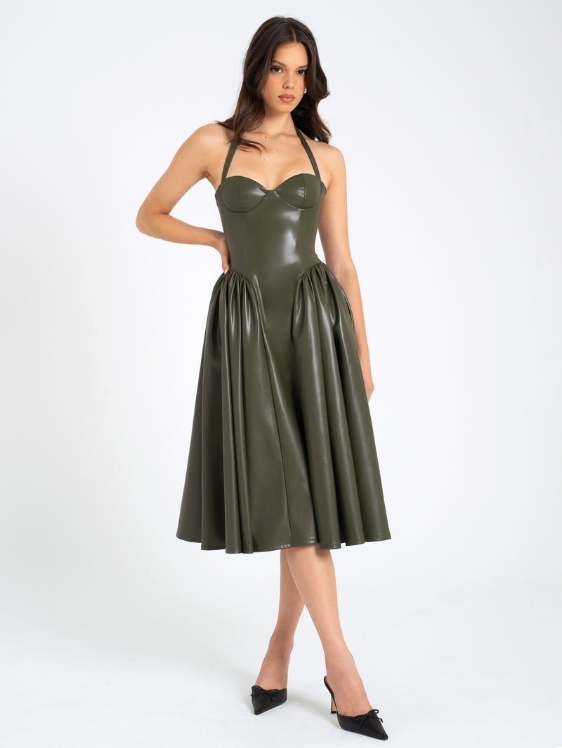 Eliana Olive Vegan Leather Dress