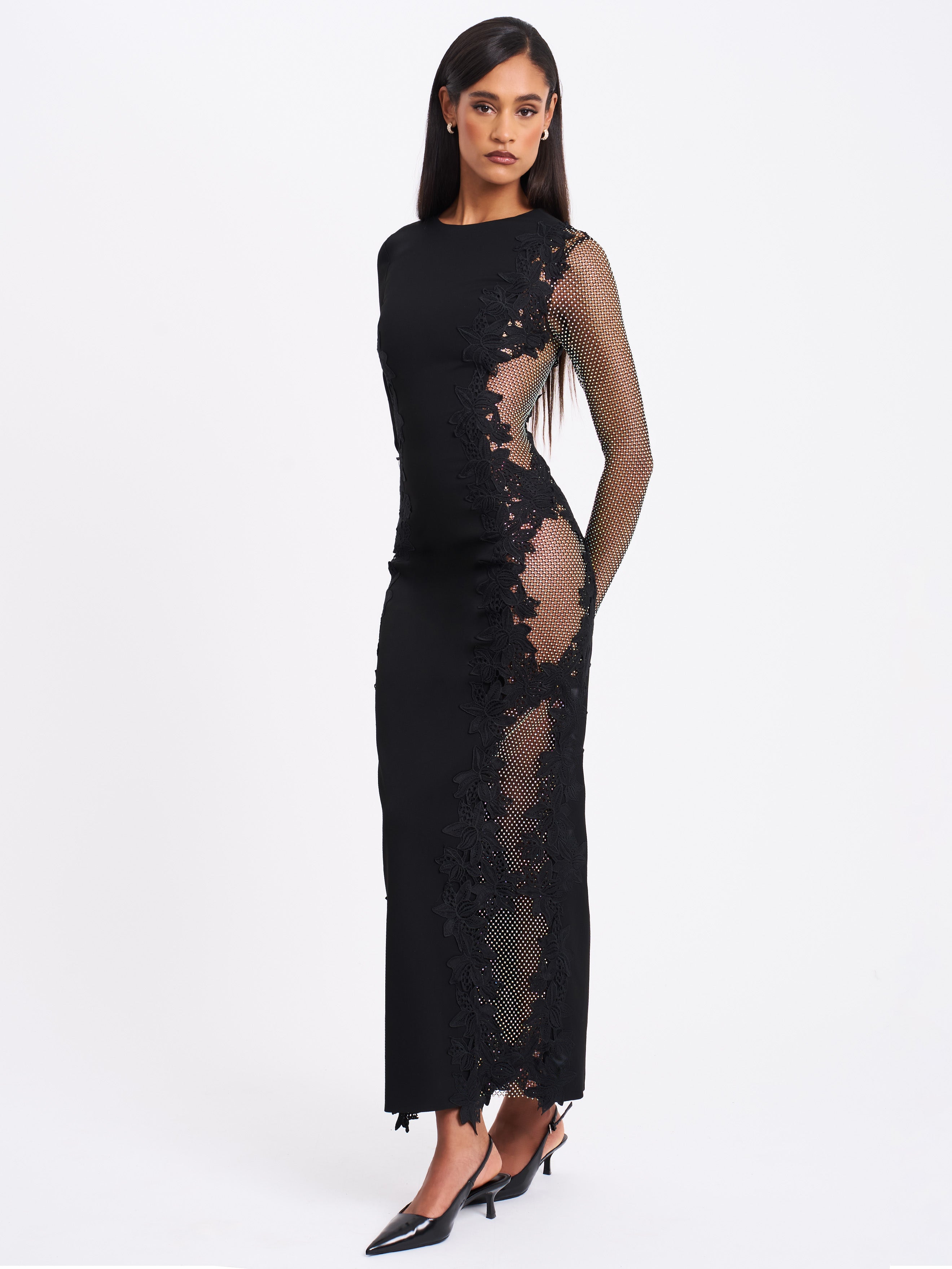 Bailey Lace Trim Crystal Net Cutout Long Sleeve Gown