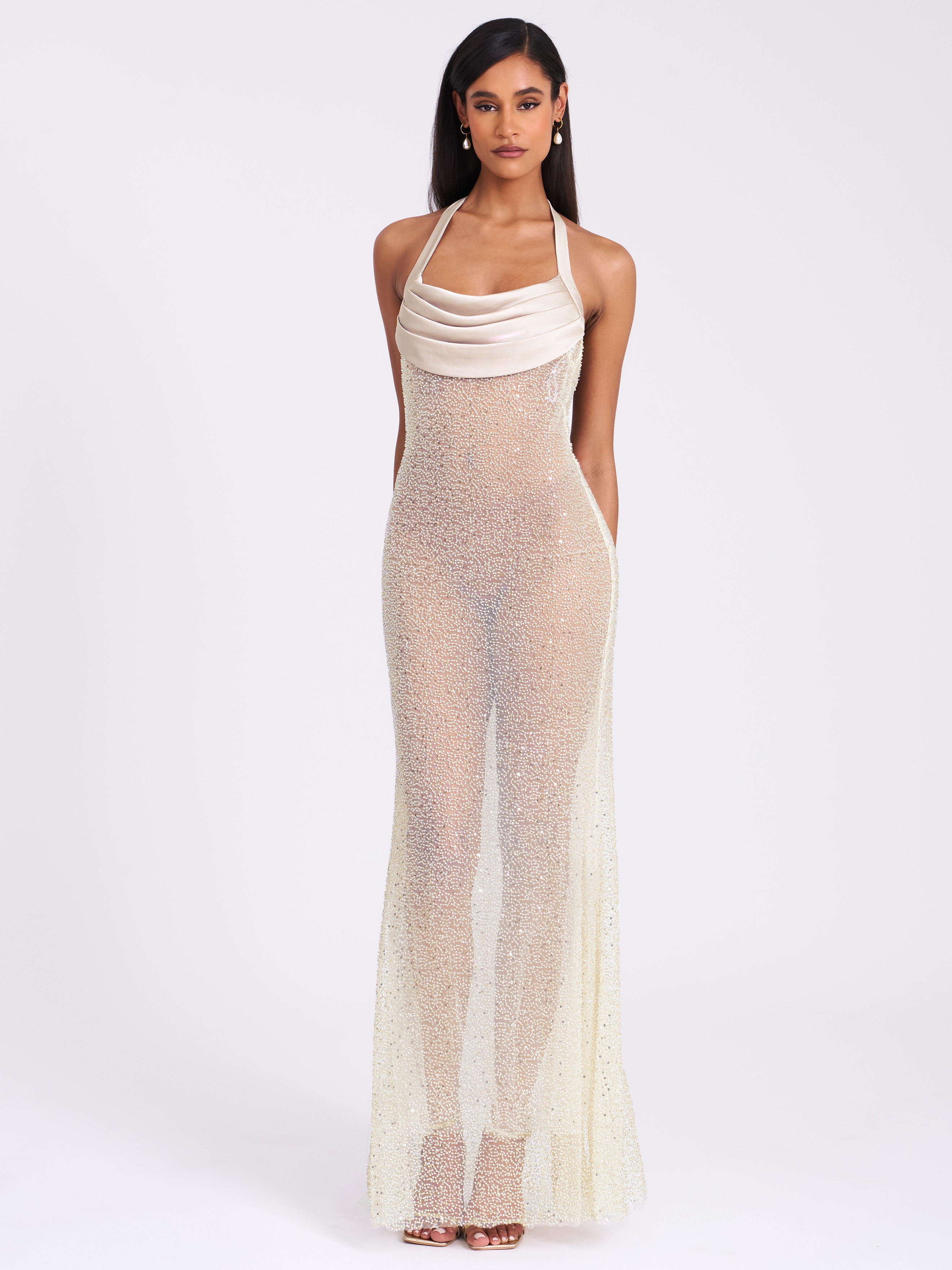 Zahya Lime Halter Backless Beaded Mesh Gown