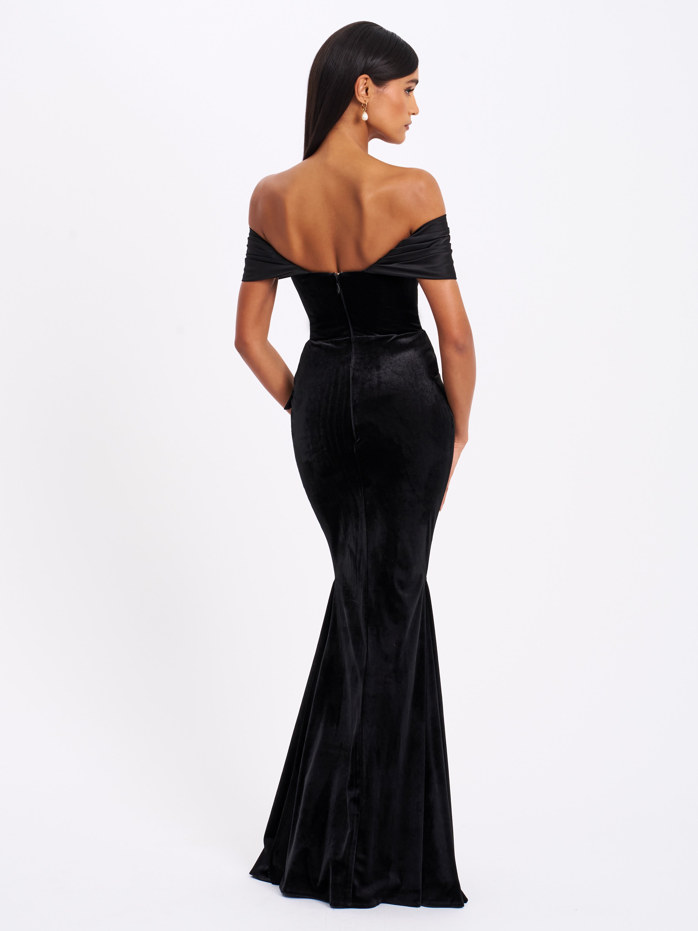 Qamra Black Velvet Off Shoulder Mermaid Maxi Dress