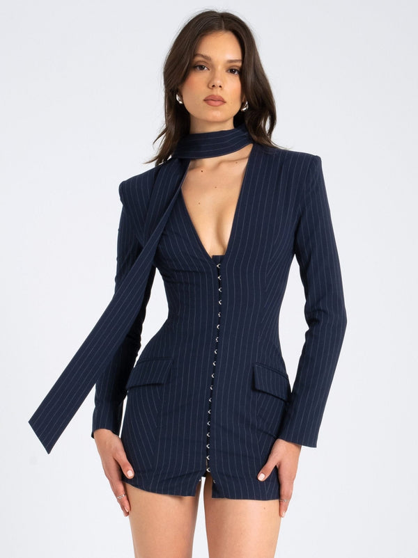 Tahlia Deep V Pinstripes Navy Blue Blazer Dress with scarf collar