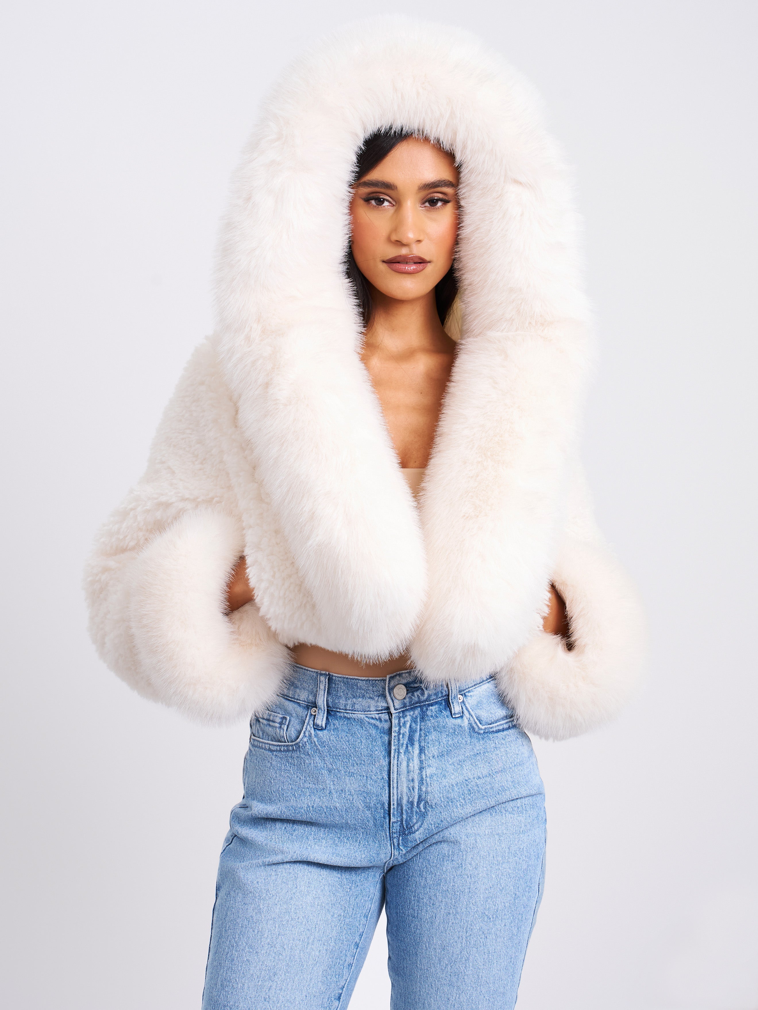 Kali White Cropped Vegan Fur Jacket With Hood