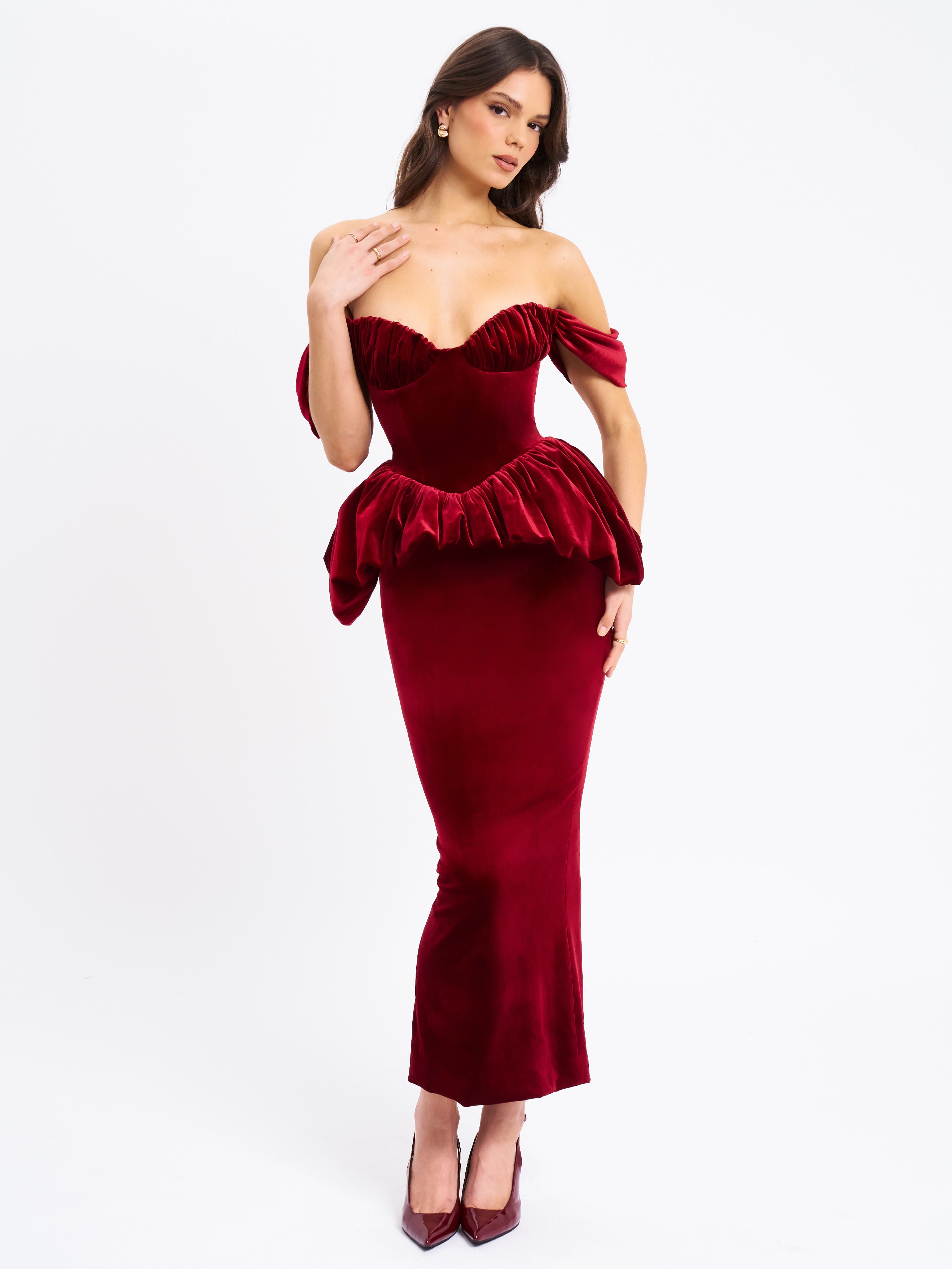 Abigail Velvet Off Shoulder Bubble Hem Peplum Maxi Dress