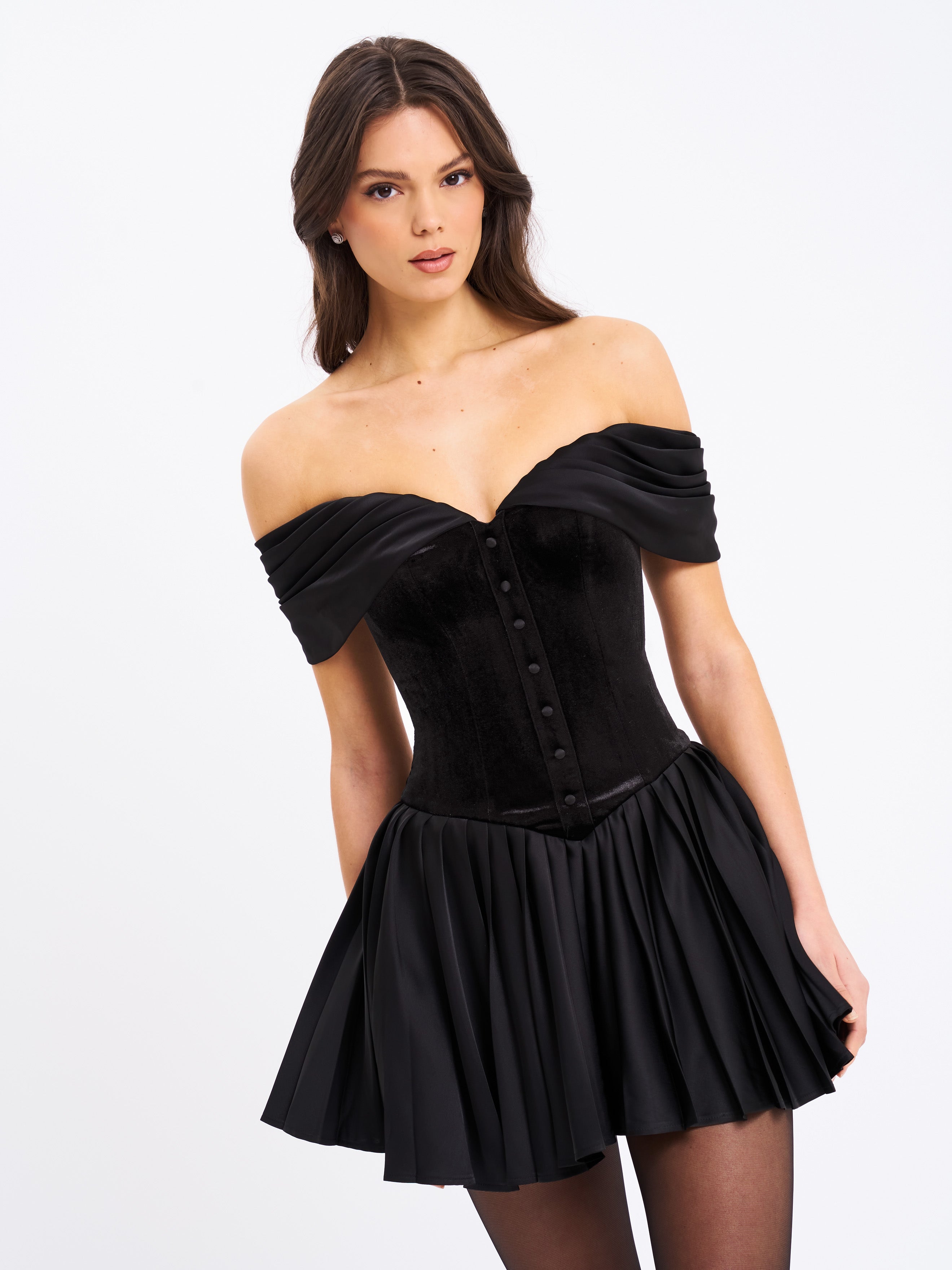 Echo Black Velvet Off-shoulder Pleated Mini Dress