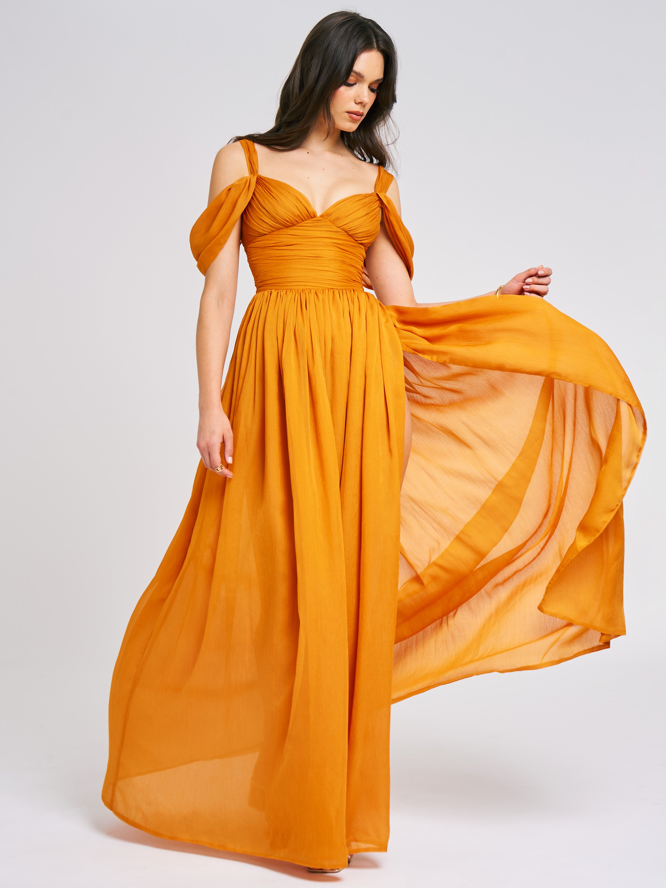 Jelani Layered Mesh High-Slit Drape Maxi Dress